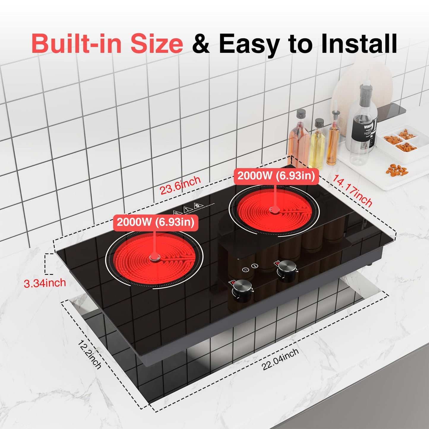 GTKZW 4000W Electric Cooktop: 24" Electric Stove 2 Burner Hot Plate Double Burner, Knob Control Countertop & Built-in, 9 Power Levels, Child Lock, Timer, Suitable for All Pans