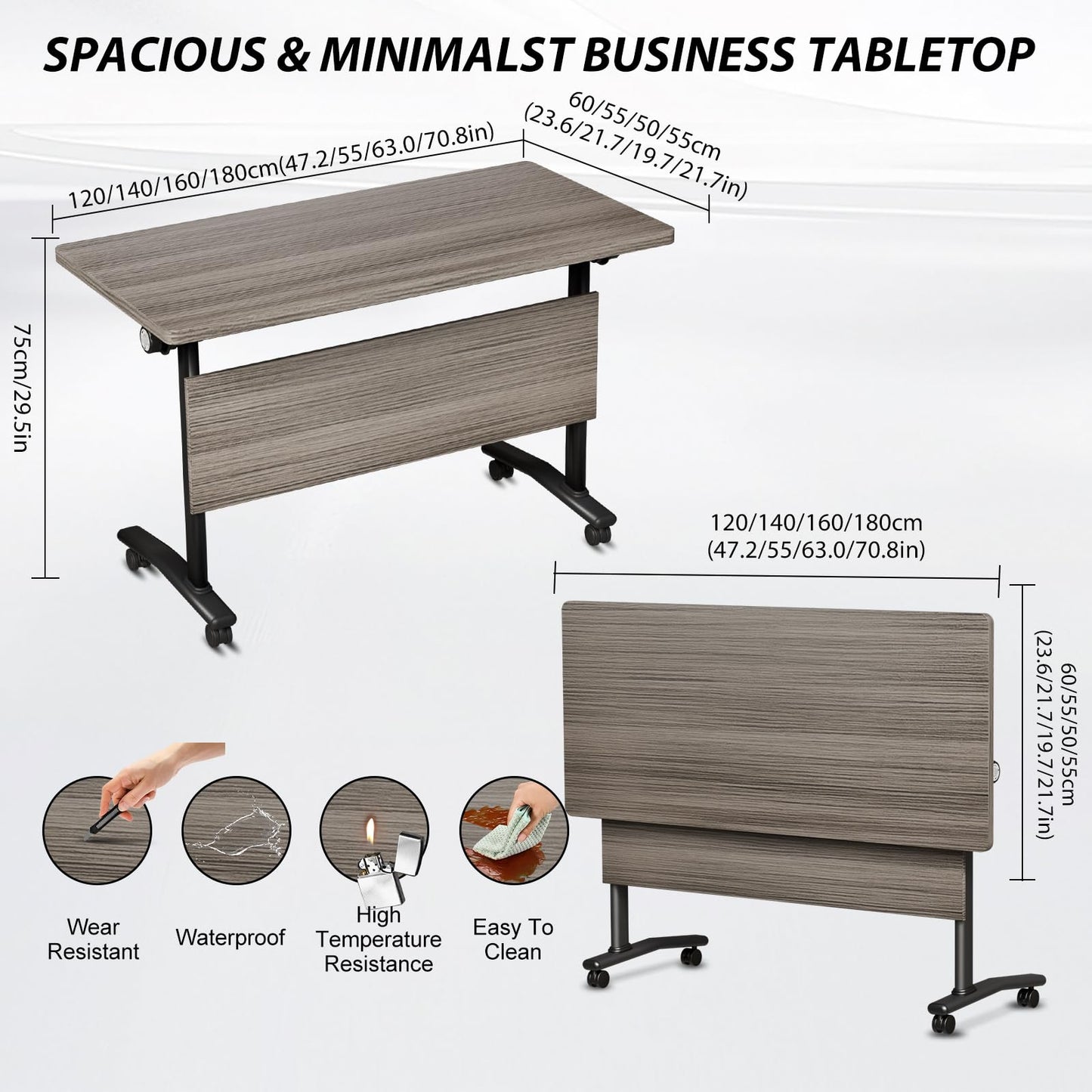 Folding Conference Room Table with Wheels, 6ft Modular Large Mobile Modern Conference Tables Office Meeting Training Table for Classroom(4, Gray, D 55")