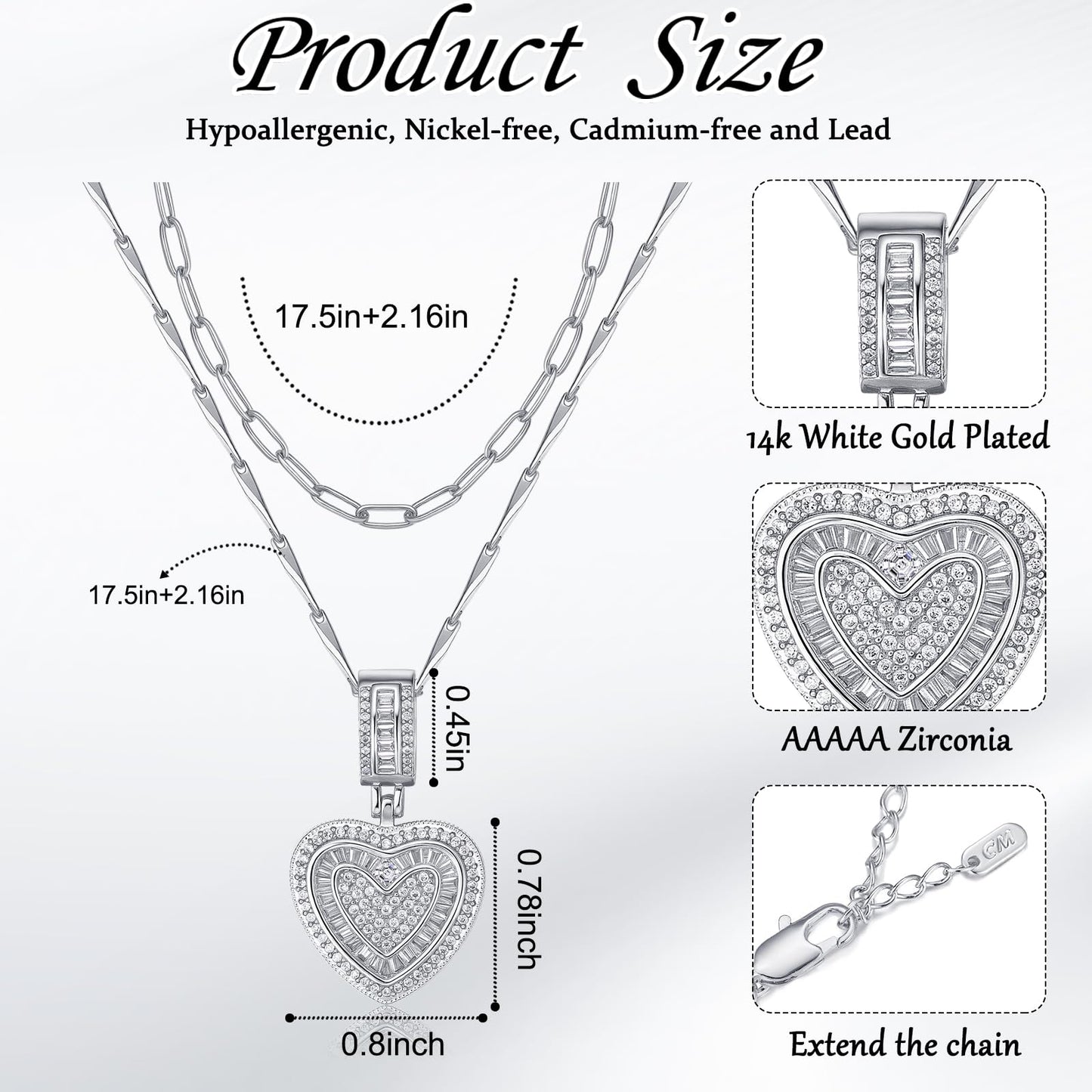 MEIITRUE Heart Necklaces for Women Trendy 14k White Gold Plated Dainty Layered Necklace Set Cubic Zirconia Love Pendant Choker Thin Paperclip Chain Stackable Jewelry Gift