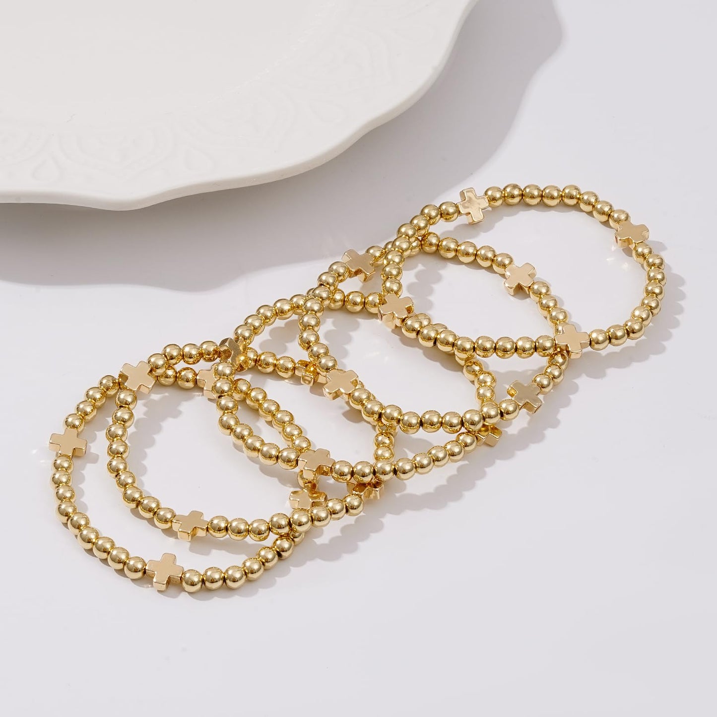 Sajidos Gold Plated Beaded Bracelets for Women Trendy, 14K Gold Plated Stack Cross Pearl Bead Stretch Bracelets Set Elastic Hypoallergenic Bracelets Jewelry Gifts (style13-gold cross pcs)