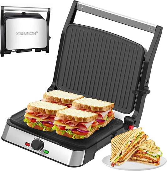 Electric Panini Press Grill and Sandwich Maker / 8.5" x 11" Non-Stick Coated Plates, Opens 180 Degrees to Fit Any Type or Size Food, Dishwasher Safe, Sliver