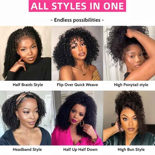 Jilnor Half Wig 200 Density Kinky Curly Half Wig Human Hair Glueless Wear Go Curly Wig Beginner Friendly Seamless Flip Over Wig with Drawstring 3 In 1 Headband Wig for Women 16 Inch