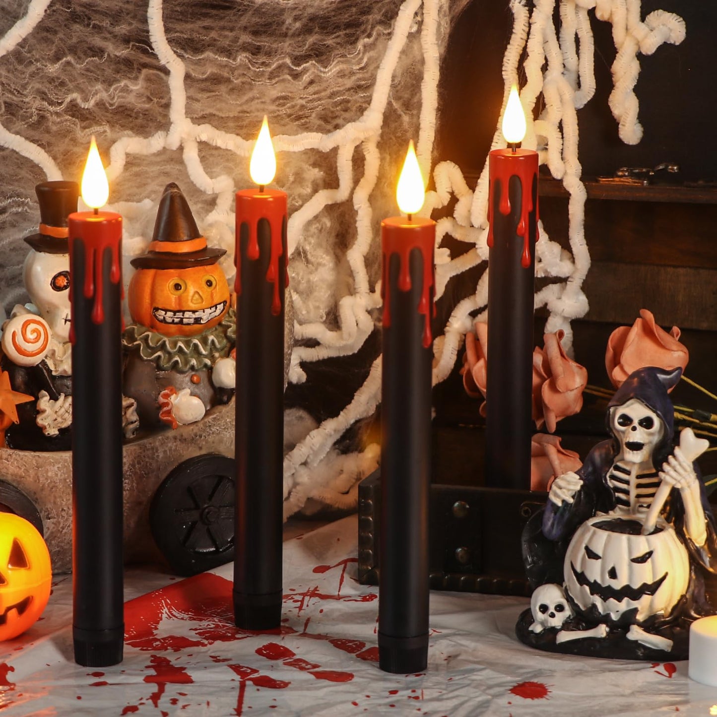 DRomance Black Flameless Taper Candles Flickering with Remote and Timer, Blood Dripping Wax Effect Battery Operated Yellow Light LED Taper Candles Dinner Halloween Spooky Decor(4 Pack, 0.78" x 8.9"")"