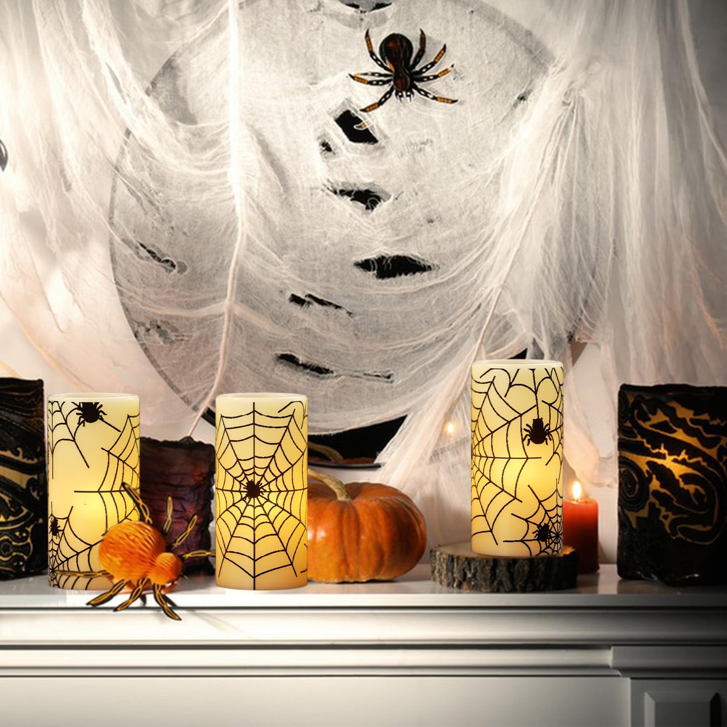 DRomance Flameless Candles Battery Operated with Timer, Set of 3 Spider Cobweb Decals Yellow Light Real Wax LED Flickering Pillar Candles Dinner Tabletop Halloween Home Decoration (3" x 6"")"