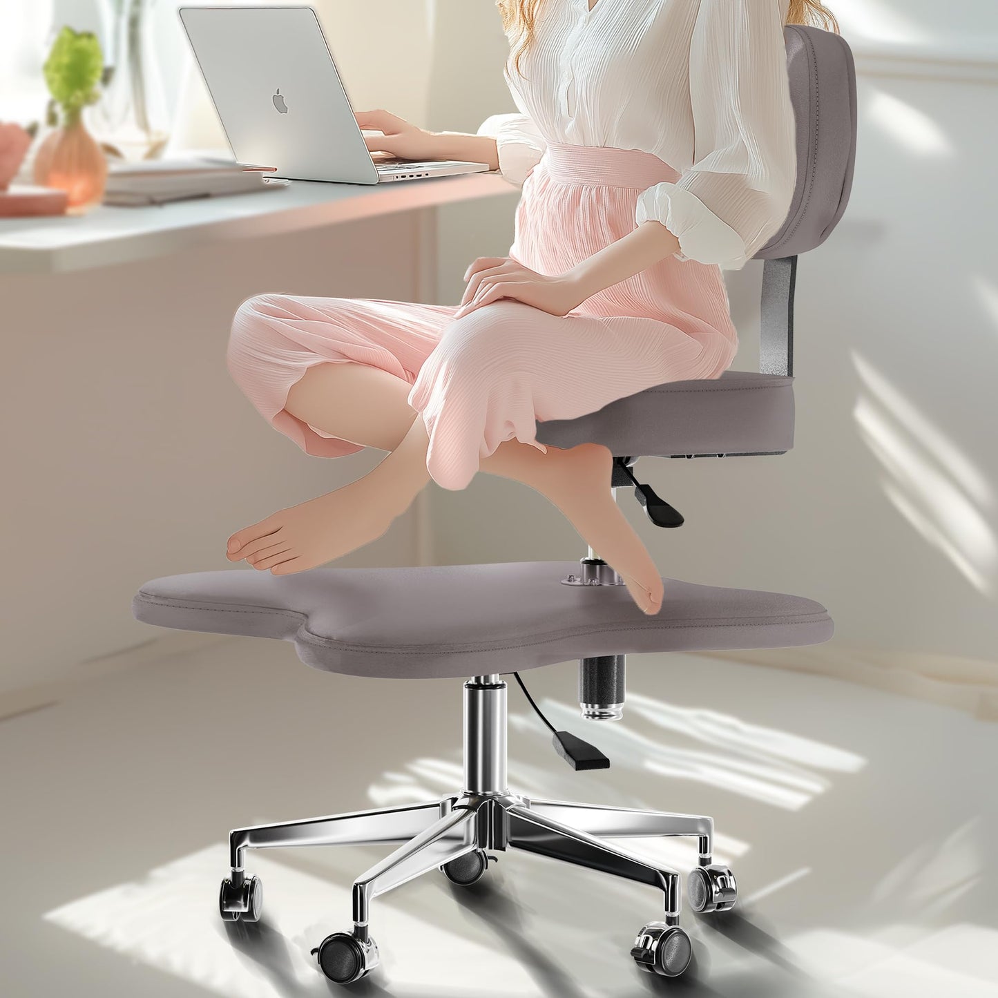 PYY ADHD Chairs for Adults - Meditation Cross Legged Office Chair with Wheels, Ergonomic Squatting Kneeling Fidget Chair with Lumber Back Support Adjustable Height for Home and Office Gray