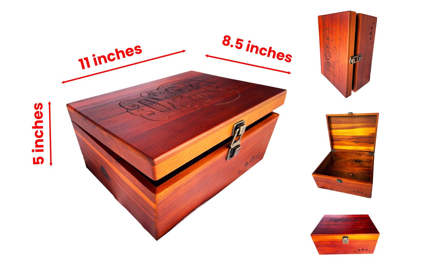 Sugar Skull Wooden Stash & Keepsake Box – Large 11” x 8.5” x 5” Engraved Wood Storage Box with Hinged Lid & Latch – Day of the Dead Memory Box for Tarot, Herbs, Jewelry & Gifts, Limited Run