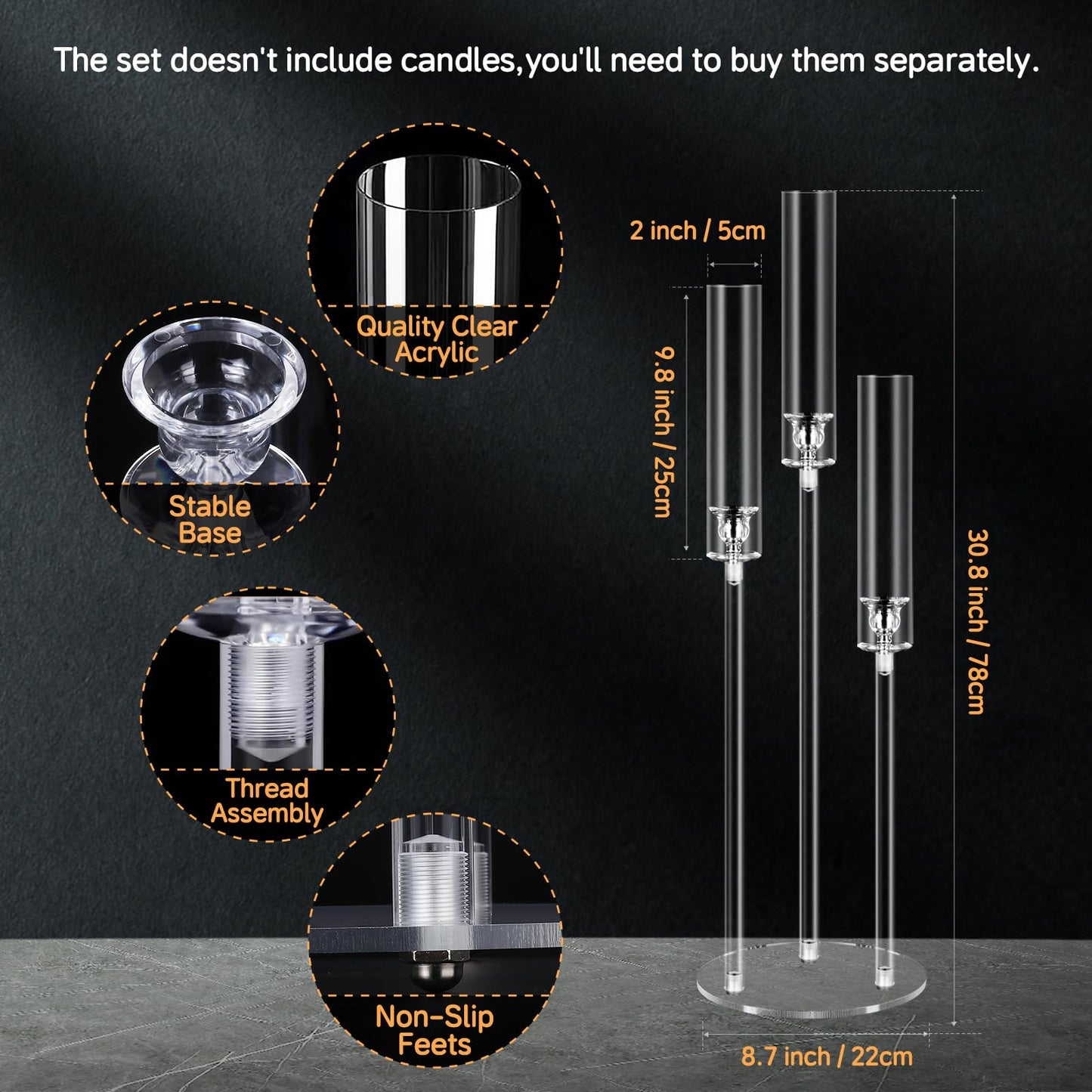6 Set 3 Arms Acrylic Candelabra Centerpieces for Wedding Table Decorations,30.7" Clear Candlesticks Holder with Acrylic Shade for Valentine's Day Dinner Party Fireplace Decor Fit LED Candle"