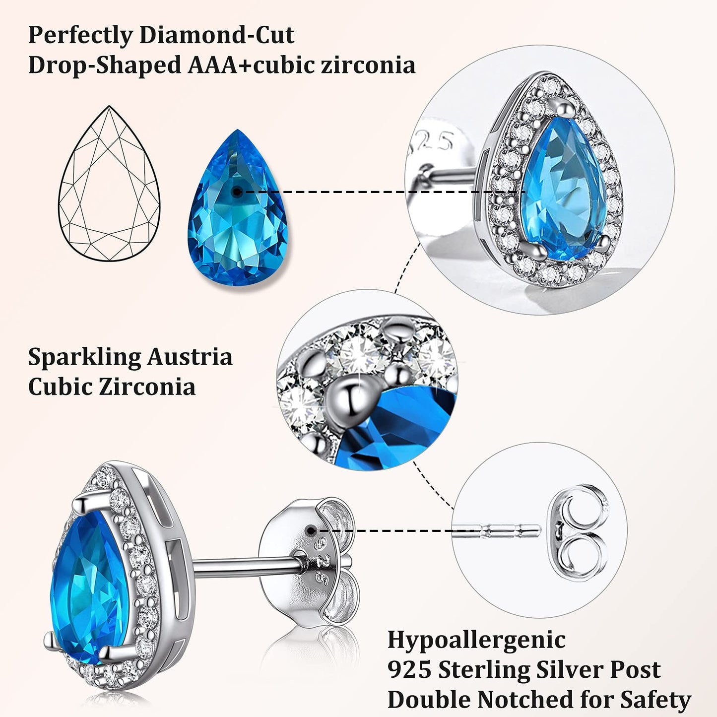 Bestyle CZ Teardrop Diamond Stud Earrings 5mm December Blue Topaz Birthstone Solitaire Earrings, 925 Sterling Silver Earrings Jewelry Gift for Wedding Anniversary Birthday