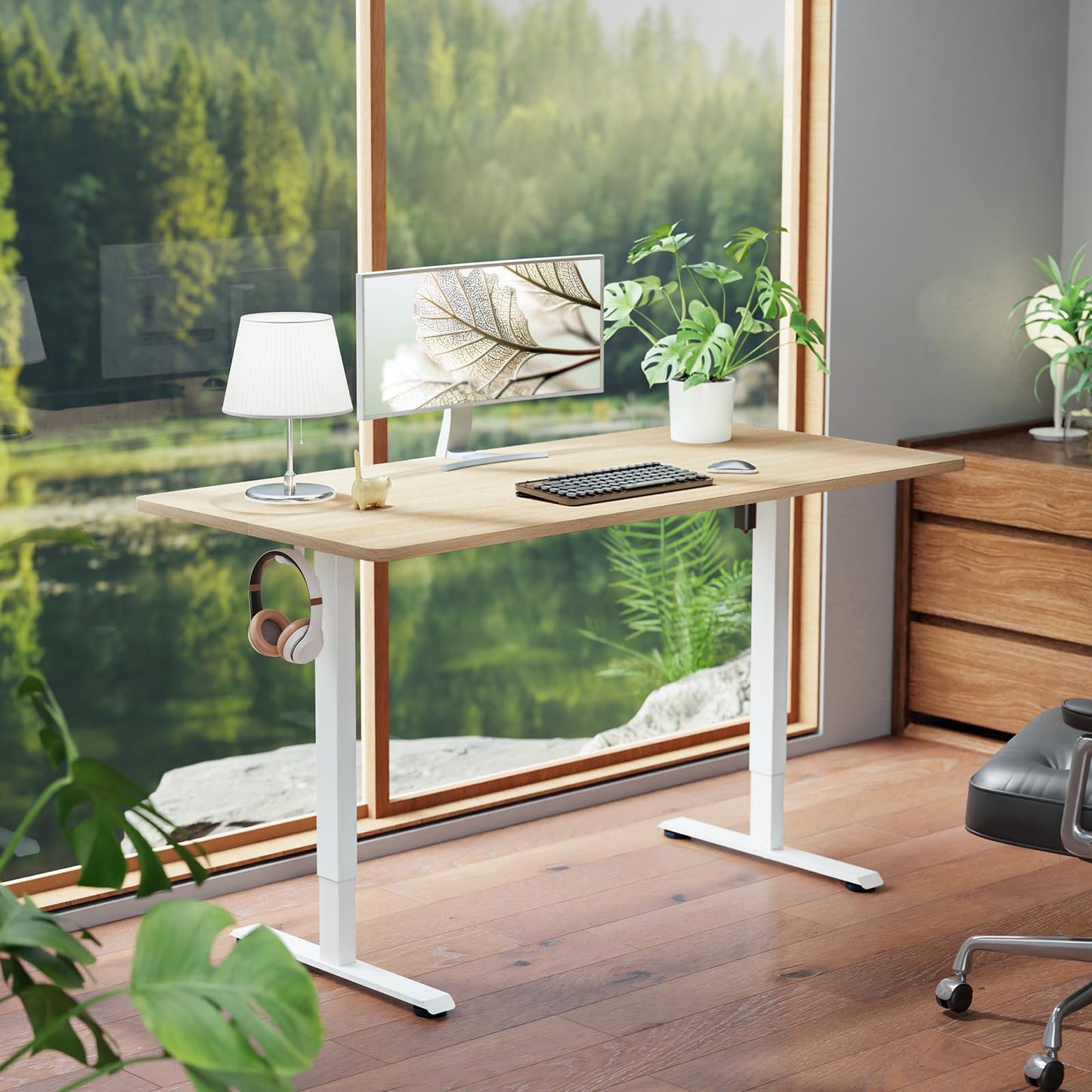 Veken 55 Inch Large Electric Standing Desk, 4 Memory Heights Adjustable,Sit to Stand Up, Work Home Office Computer Table for Study, Walking Pad, Writing, and Games, Wooden Desktop Desks, Nature Wood