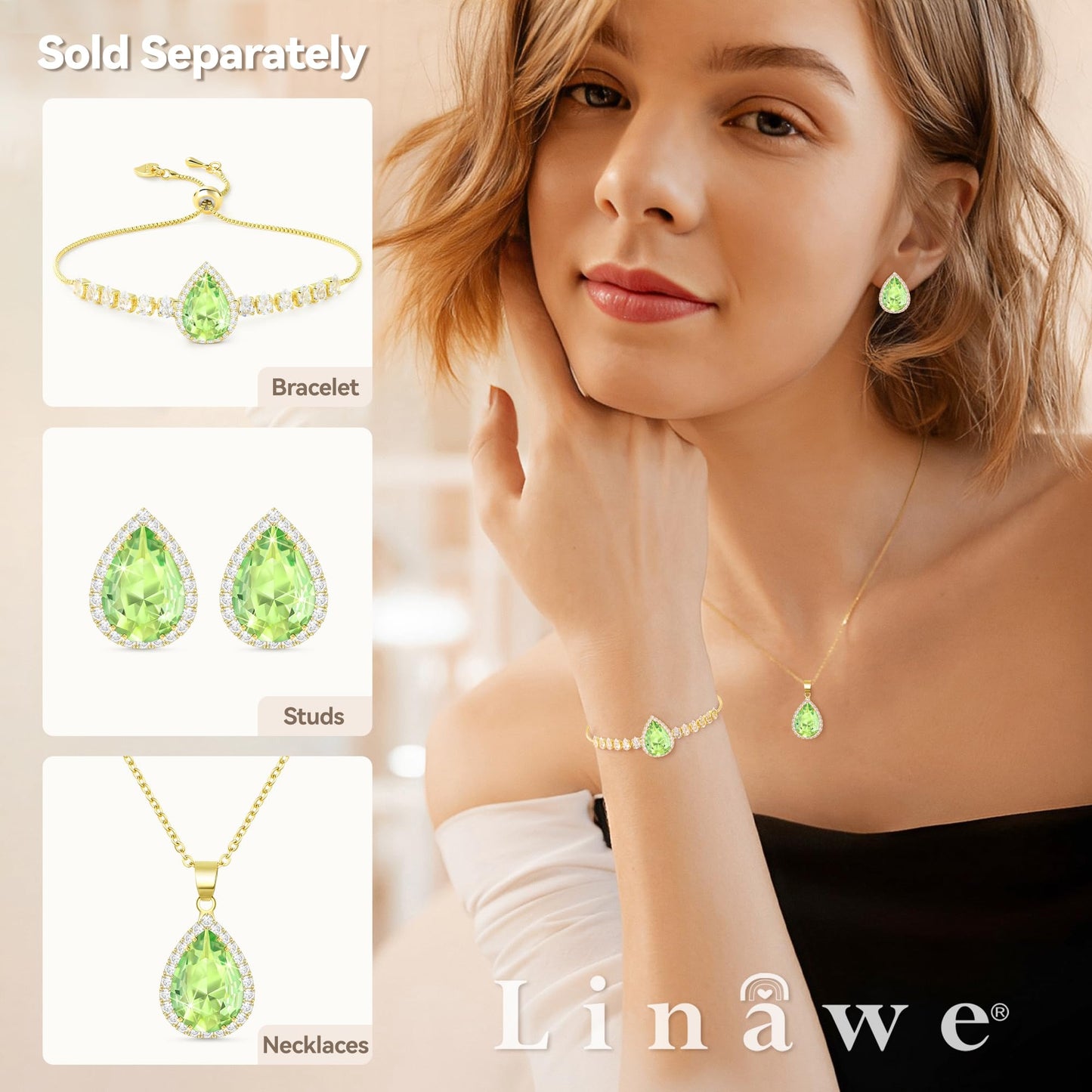 Linawe Gold Crystal Imitation Diamond Necklaces for Women Trendy, Green Moissanite Birthstone Choker Preppy Pendant Necklace Statement Long Aesthetic Gemstone Jewelry Set