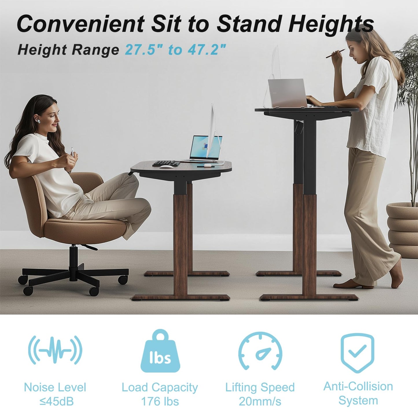 ERGO COLLECT Oval Leg Electric Standing Desk, 48x24 Inch Whole-Piece Oval Desktop, Height Adjustable Sit Stand Workstation for Home Office, Walnut (48x24)