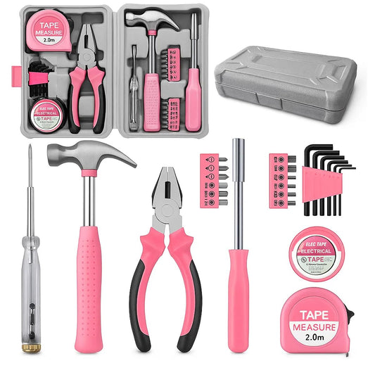 24 Pieces Pink Home Tool Set, mini Tool Box Basics Household Tool Kit Box for Men and Women DIY