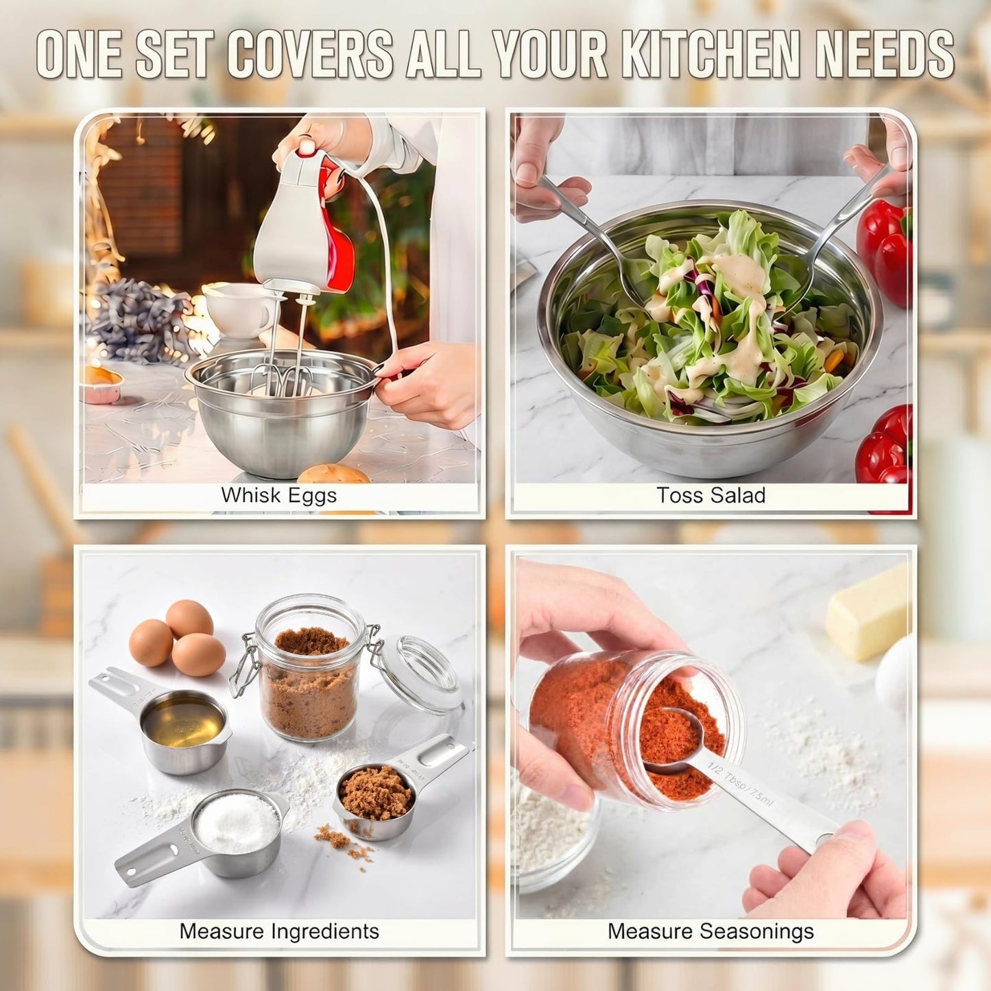 28PCS Mixing Bowls with Airtight Lids Set, Stainless Steel Nesting Prep Bowls with 7 Measuring Cups & 14 Measuring Spoons for Cooking, Baking, Serving, Food Storage, Size 5.5/3.5/2.5/2/1.4/1/0.62QT