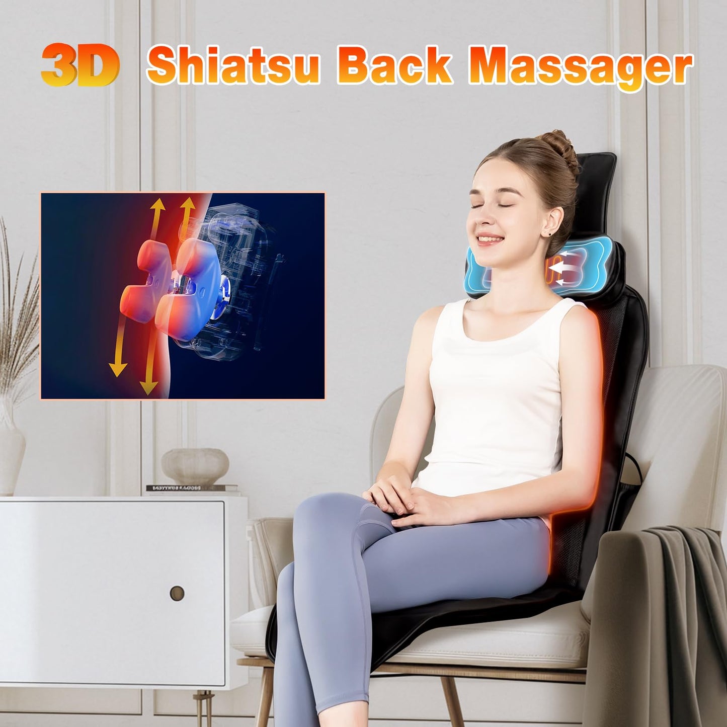 comrelax Shiatsu Back Massager with Heat, Massage Chair Pad for Full Back, Chair Massager with Neck Support Suitable for Office/Home/Father/Mother
