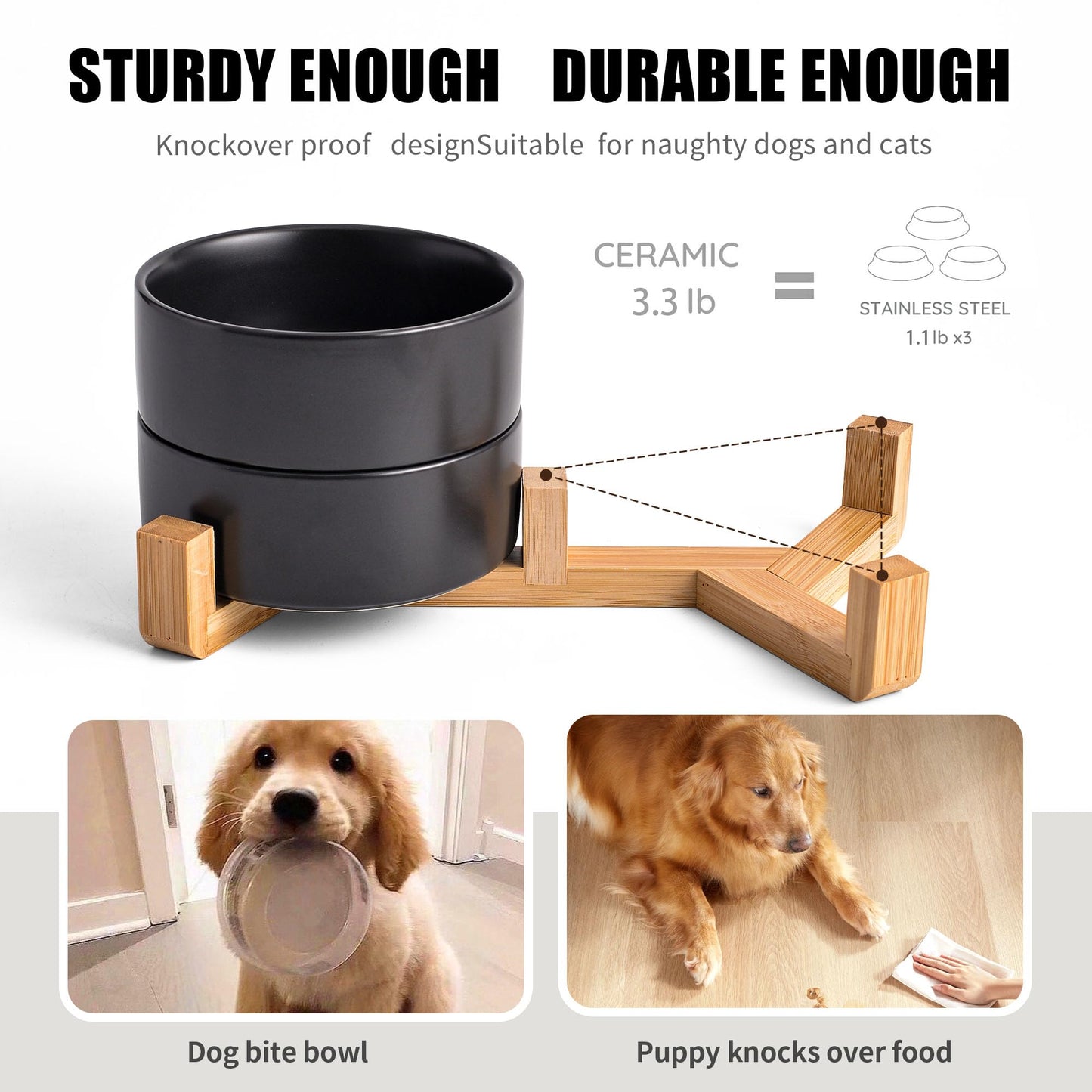 Mowtanco Black Ceramic Dog & Cat Bowl Set – 13.5 OZ with Wooden Stand, Non-Slip, Elevated Design for Small Dogs & Cats – 2 Bowls (Food & Water, Ceramic Pet Bowls, Modern Dog Bowls)