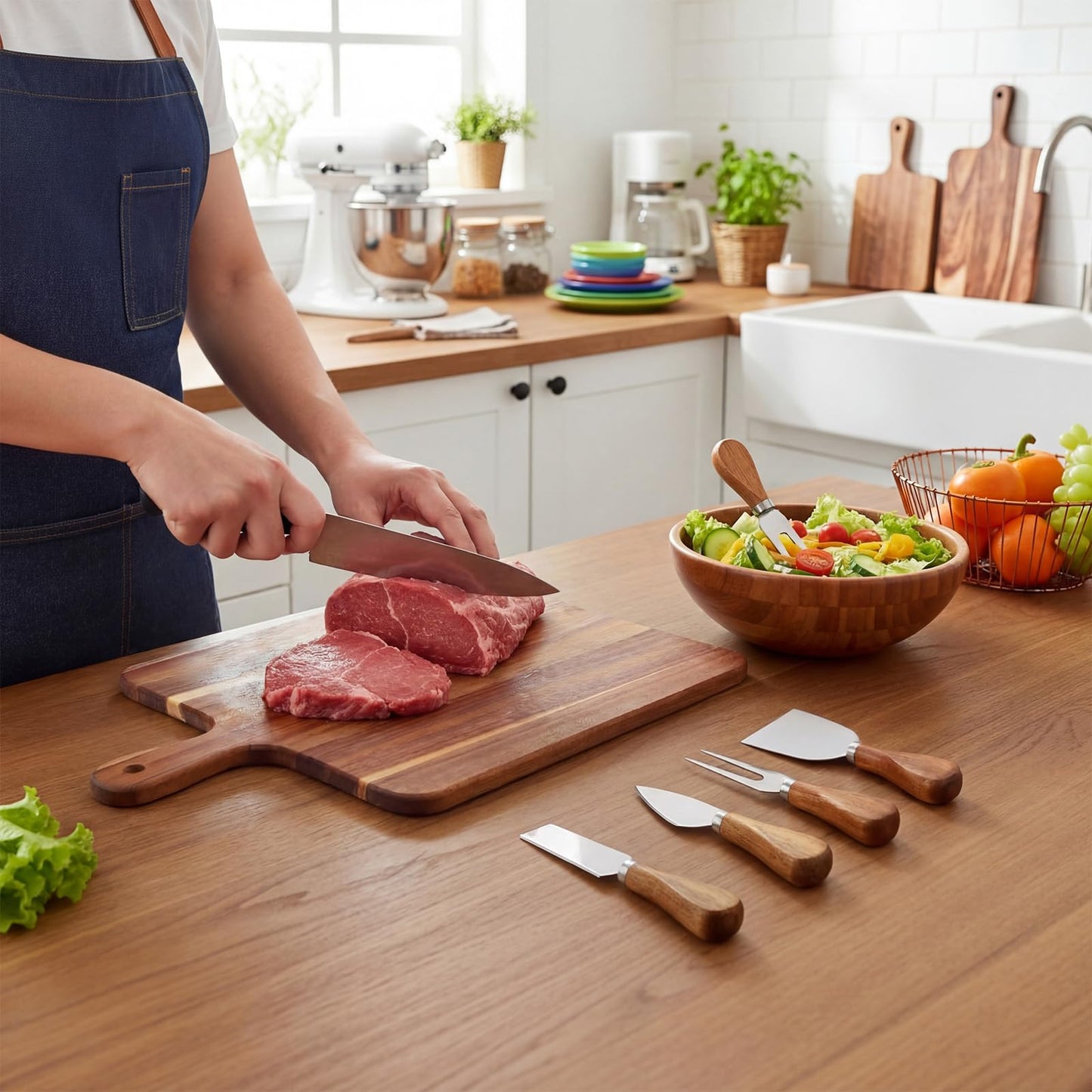 Acellegic 8 Pcs Cheese Prizes Acacia Wood Cutting Boards Gift Set Bridal Baby Shower with Cheese Knives Set PVC Bag Wooden Square Board for Bridal Baby Shower Housewarming Christmas