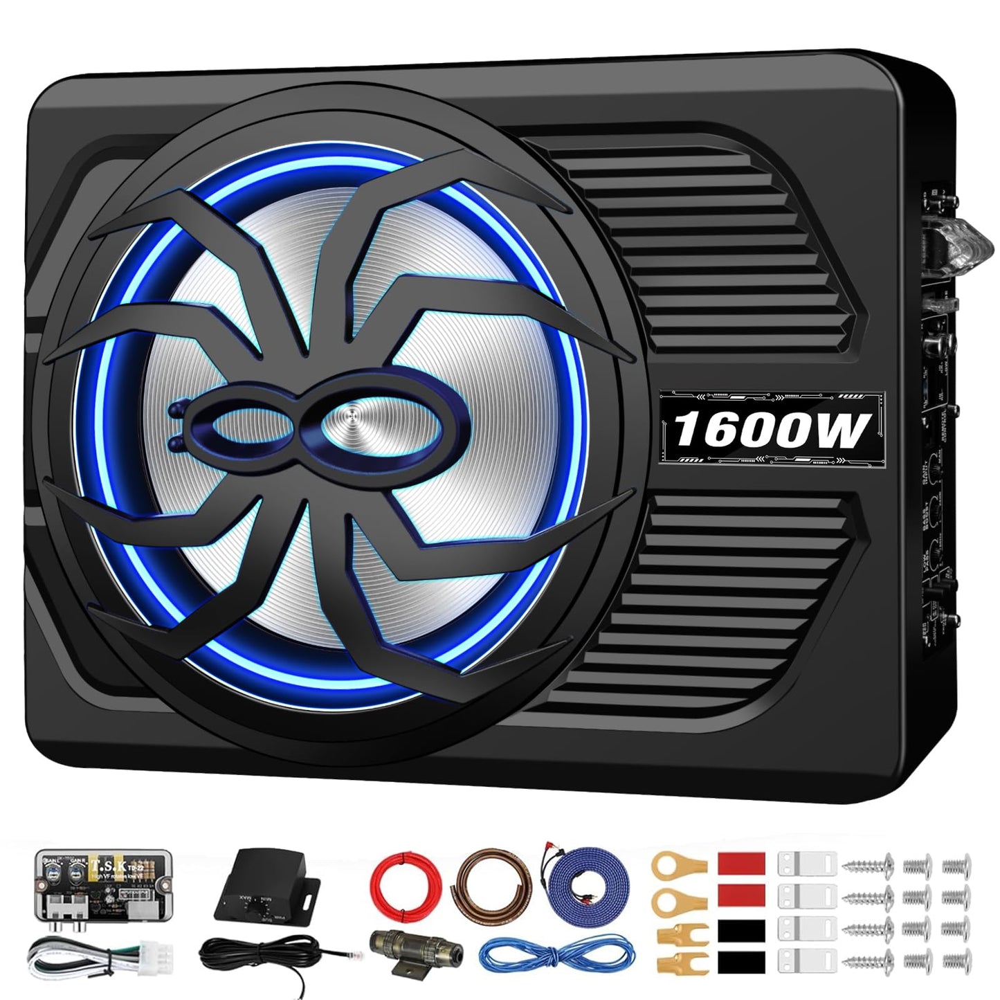 SUBPULSIX 1600W Slim Underseat Car Subwoofer and Amp Package, Under Seat Subwoofer with Built-in Class D Amp & DSP, LED Light Switch, Deep Subsonic Bass, Powered Subwoofer Car Audio for Truck/SUV