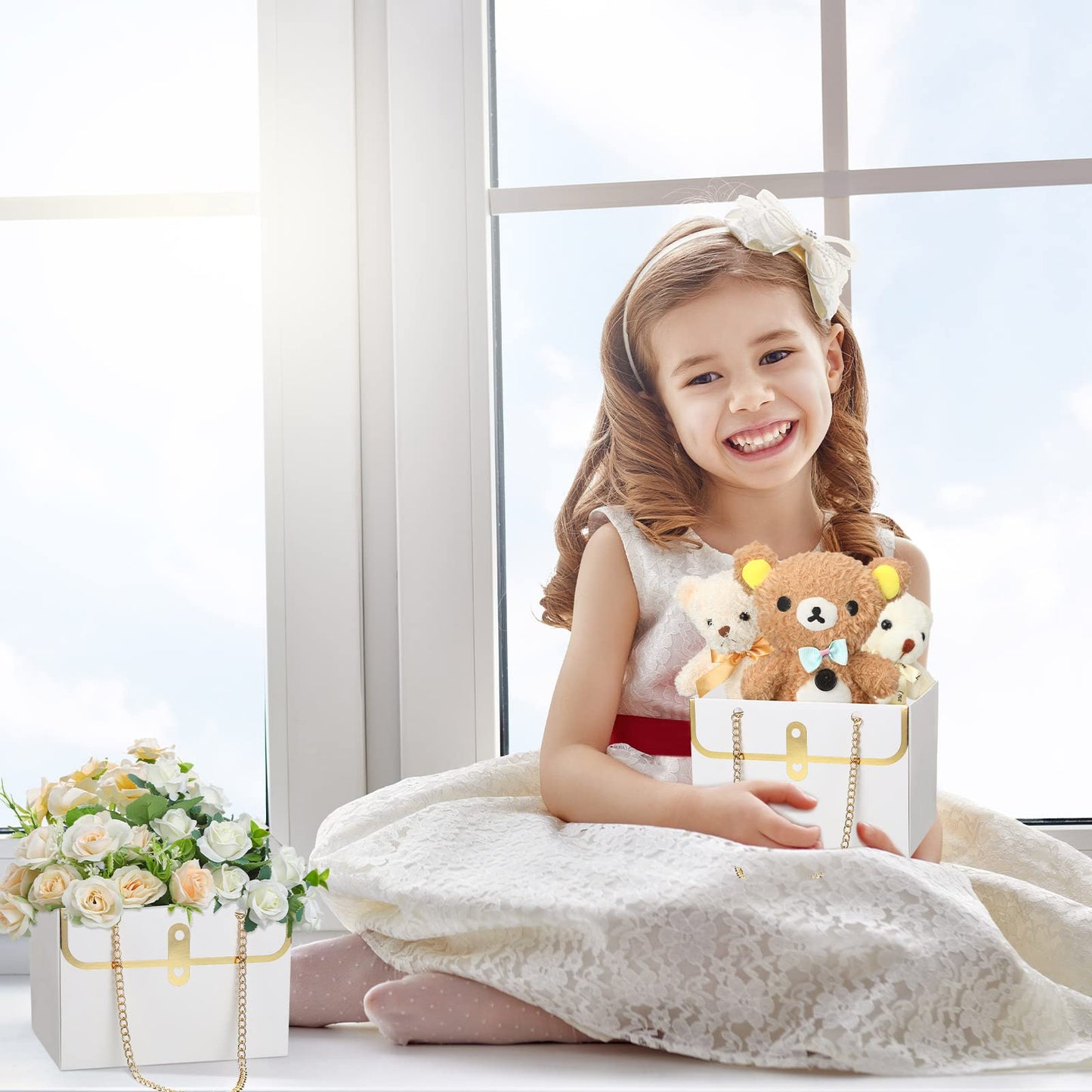 Lincia 12 Pcs Mother's Day White Flower Box Wedding Flower Paper Gift Bag Bouquet Boxes with Handle Boxes for Arrangements Bouquet Wrapping Paper for Mother's Day Wedding Baby Shower