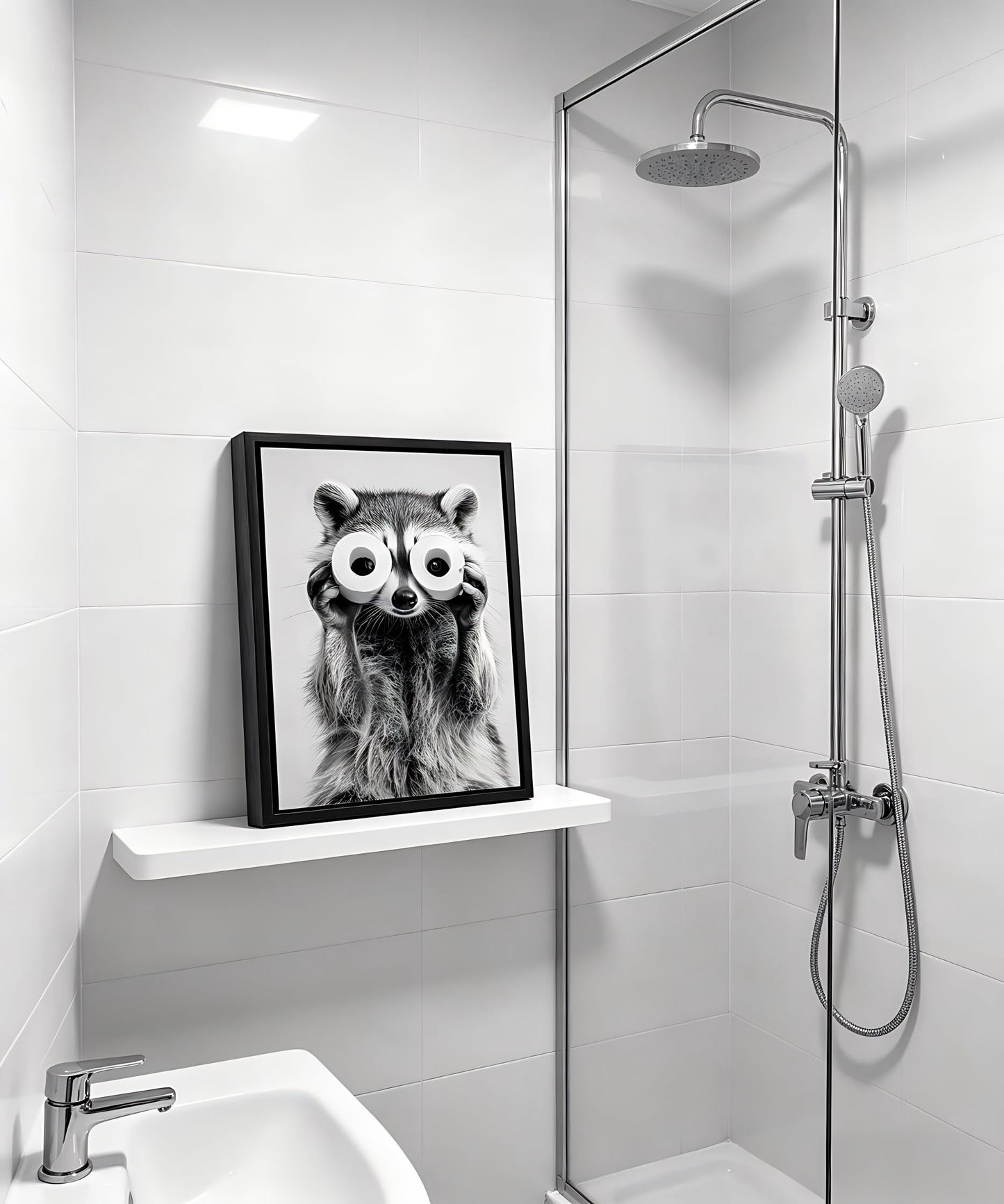 Framed Adorable Raccoon Bathroom Canvas Wall Art Toilet Paper Raccoon Wall Decor Pictures Funny Black and White Bathroom Animal Posters Prints for Restroom Home Decoration 8x10in