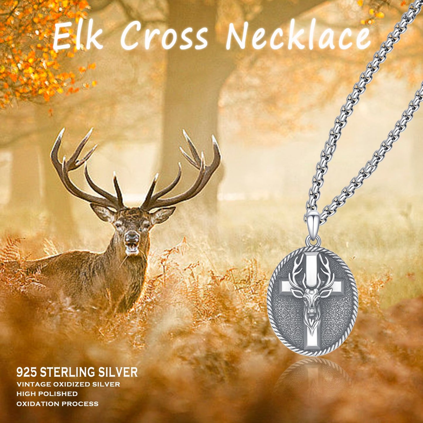 YEESIA Cross Necklace for Men 925 Sterling Silver Elk Antler Necklace Deer Cross Pendant Christian Protect Jewelry Birthday Gifts for Husband