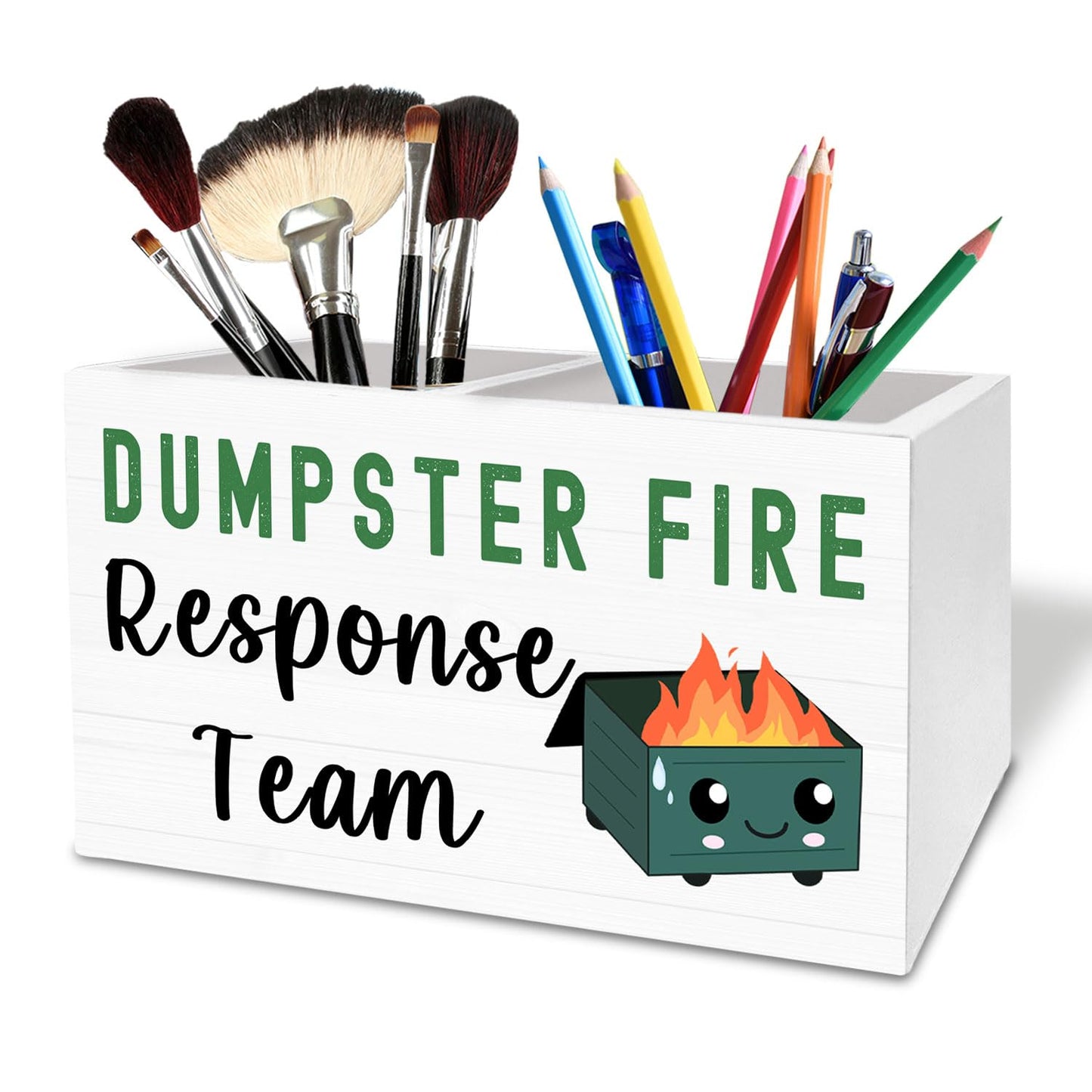 HYKDFMNCJ Funny Dumpster Fire Pen Holder for Desk, Dumpster Fire Response Team Wooden Box Sign Desk Decor for Office Decoration, Sarcastic Office Pencil Organizer, Funny Coworker Gifts