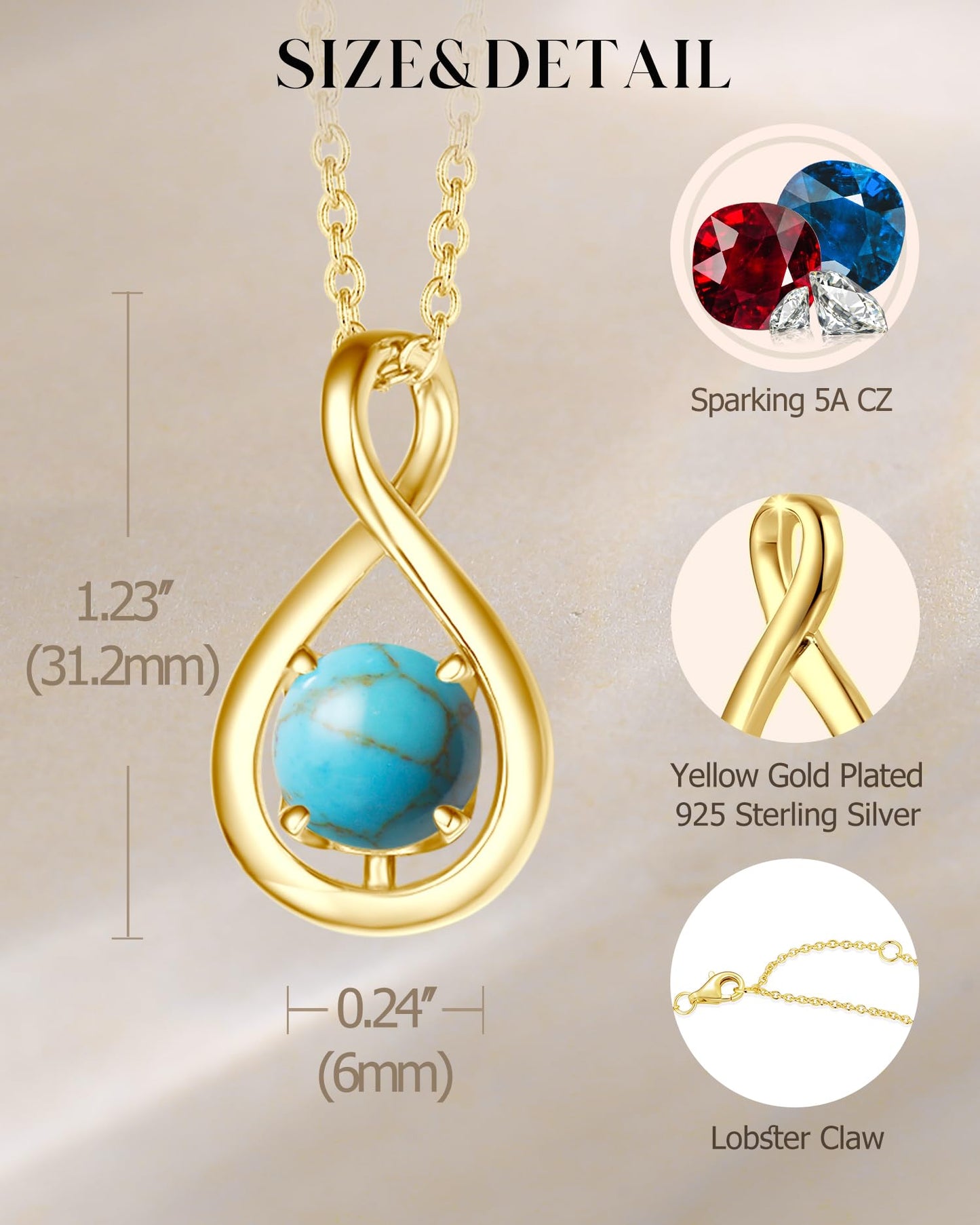 FANCIME Turquoise Necklace December Birthstone Necklace for Women Yellow Gold Plated Sterling Silver Infinity Pendant Fine Jewelry Birthday Mothers Day Gifts for Mom Her