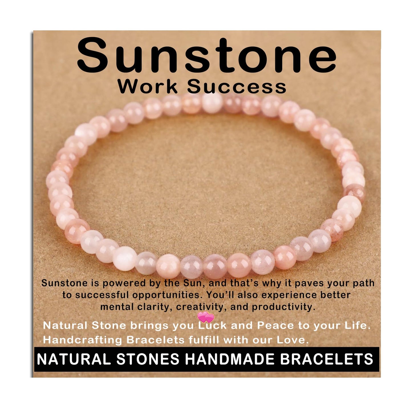 AD Beads Handmade Gemstone Stretch Elastic Bracelet Crystal Healing Reiki Nature's Beauty and Spiritual Essence Unisex (4mm, Sunstone (Work Success))