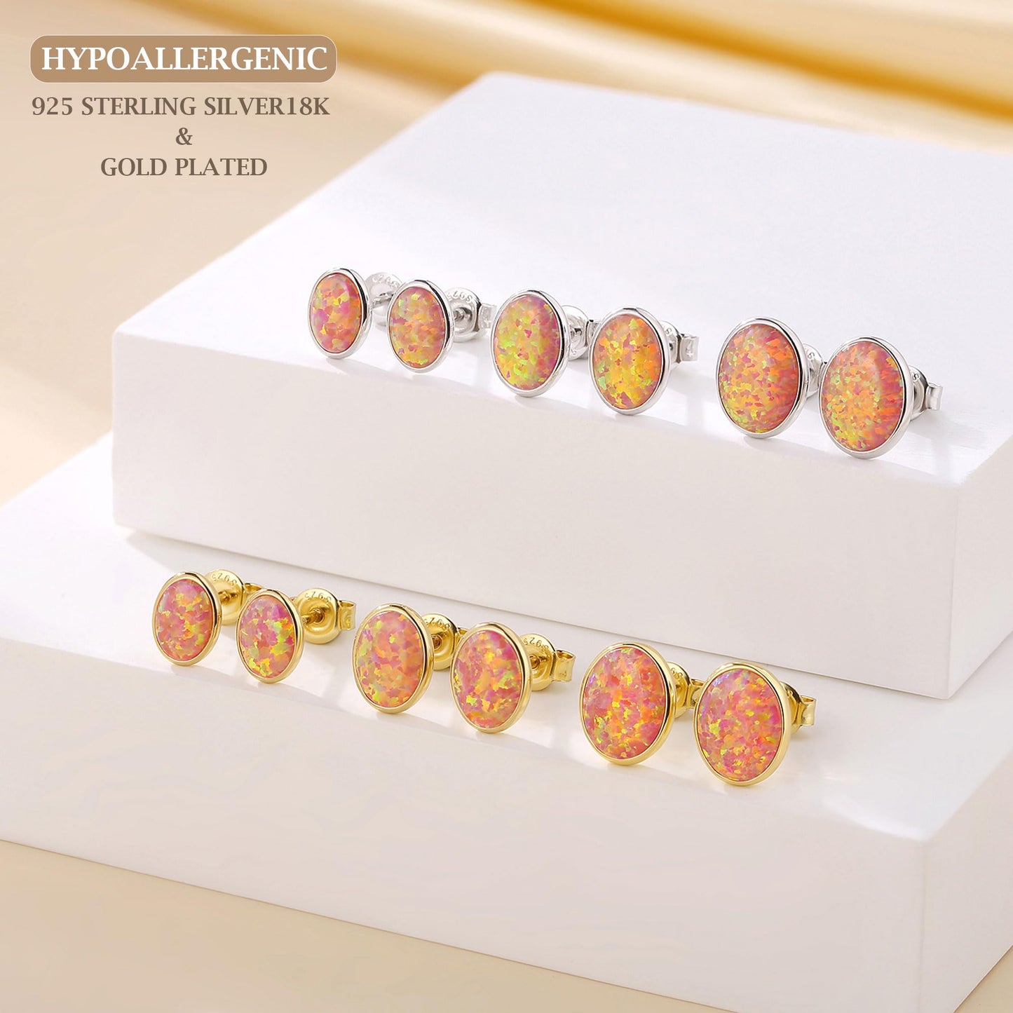 JiayangJY Silver Red Fire Opal Stud Earrings for Women 18K Yellow Gold Plated Sterling Silver Oval Shape 7mm Opal Earrings with Push Back