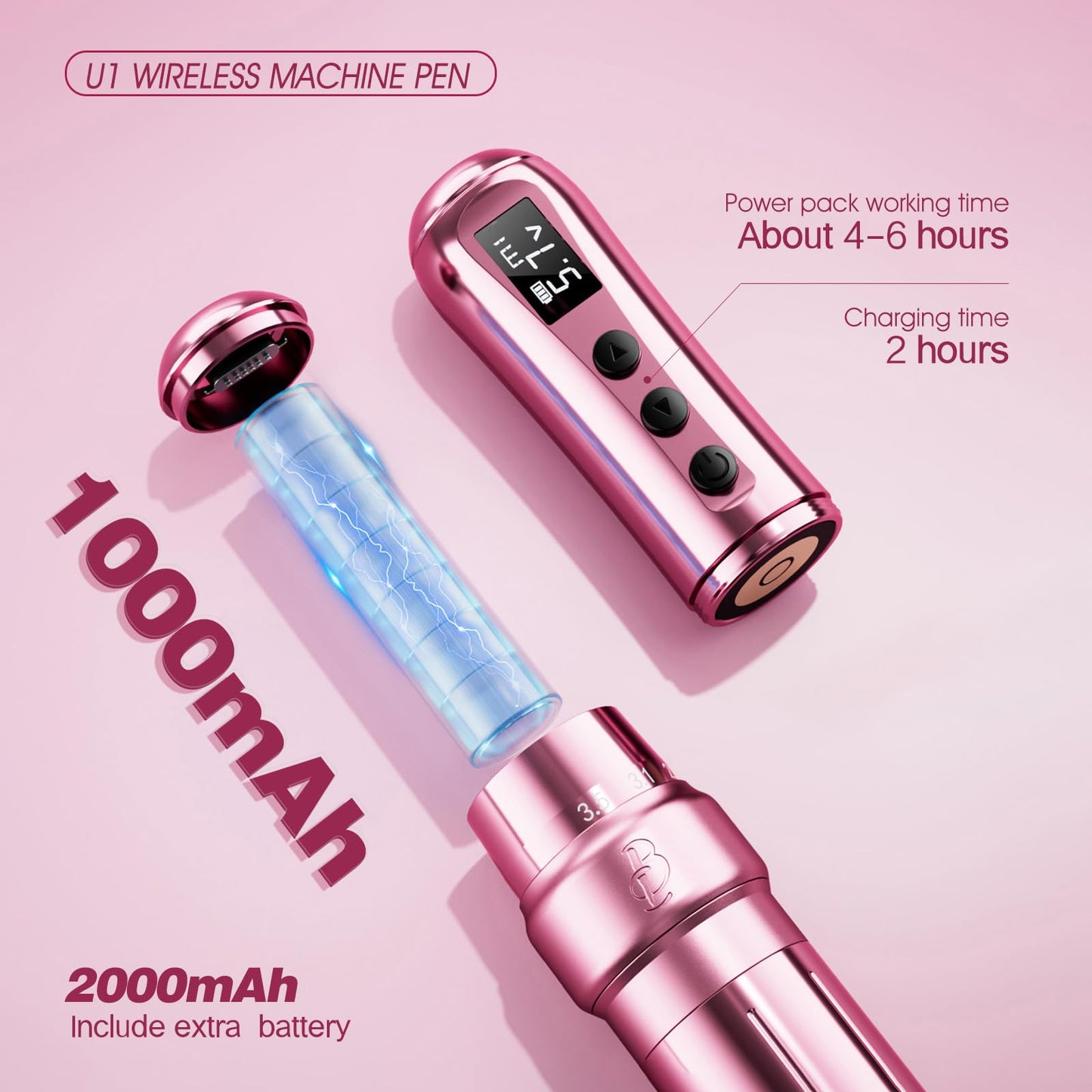 BIOMASER U1 Tattoo Gun,Wireless PMU Tattoo Machine Eyebrows & Lips, Professional Permanent Makeup Machine Rotary Tattoo Pen, Scalp Micropigmentation(Pink)