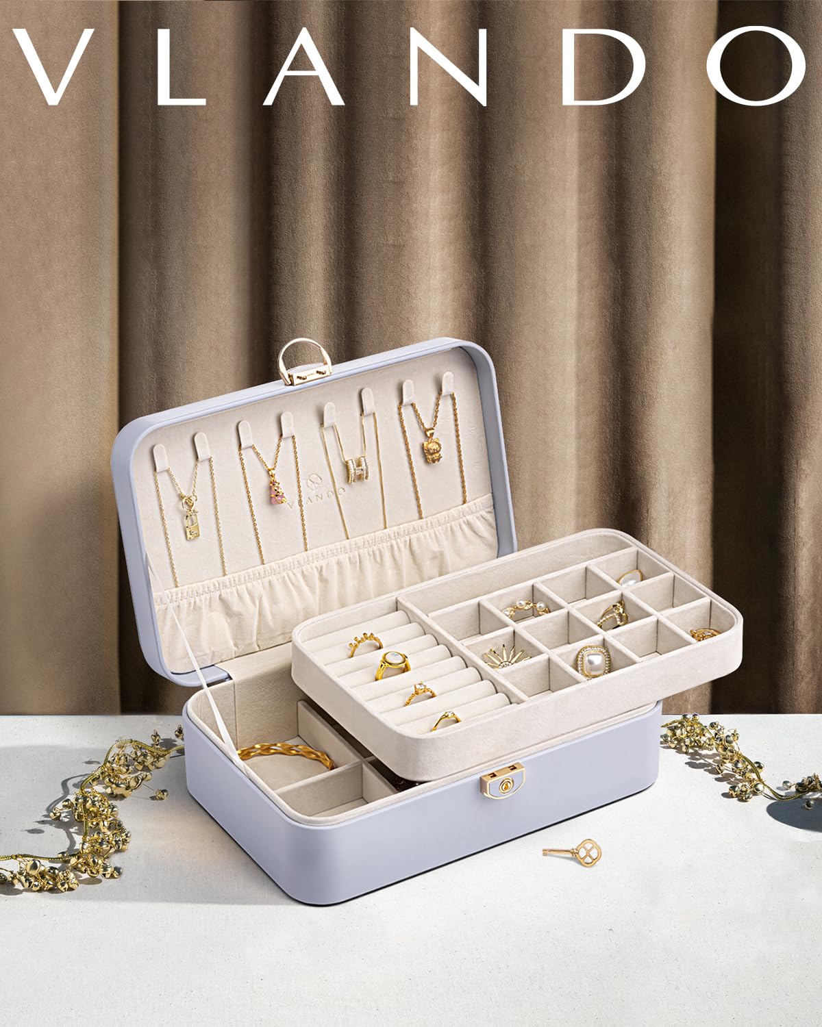 Vlando Jewelry Box Organizer for Girl,Faux Leather Lockable Jewelry Holder Organzier Case Boxes with 2 Layers,Earrings Necklace,Rings Storage,Wedding Warm Gifts Purple
