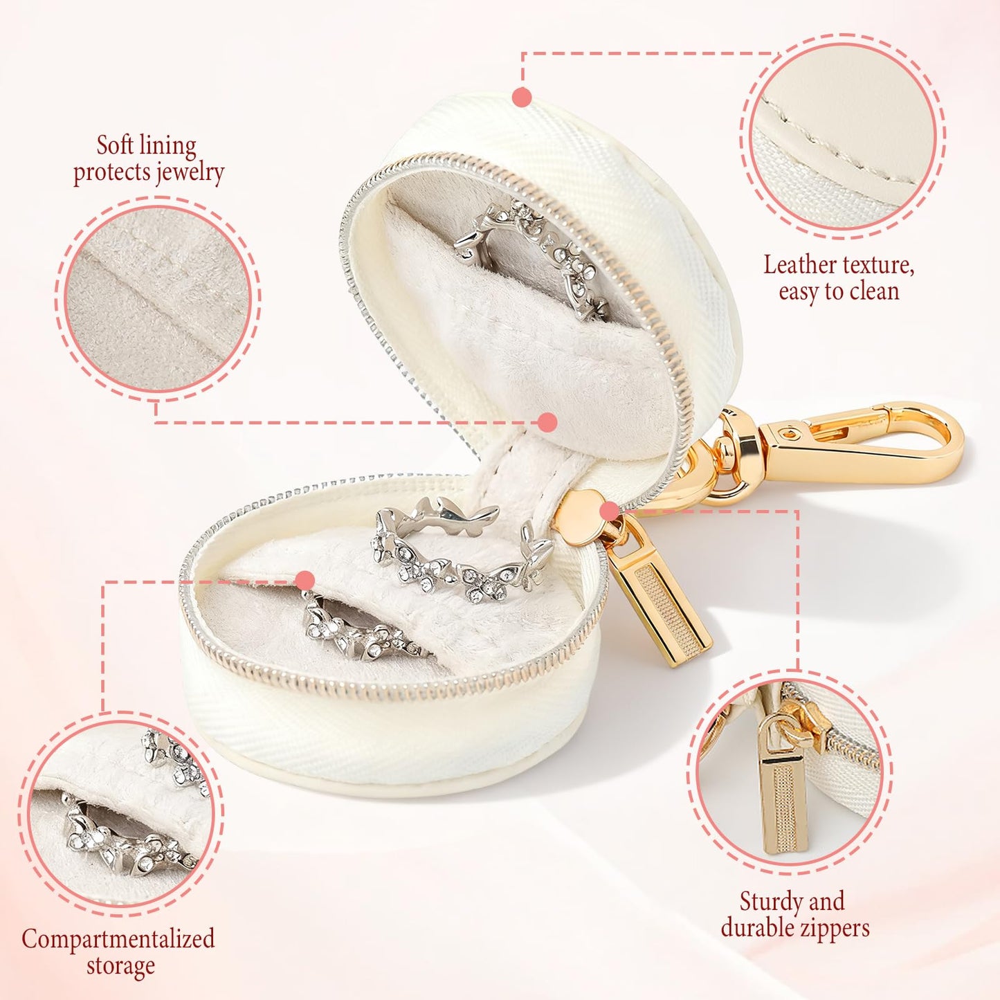 Aiokuo Travel Jewelry Box with Keychain – Mini Ring Holder and Jewelry Organizer Case for Women, Portable Compact Ring Box for Earrings, Necklaces & Travel Storage