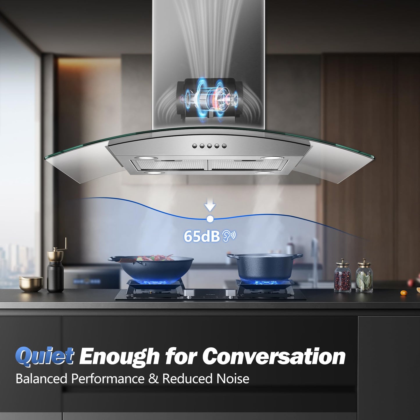 Tieasy 36 inch Island Range Hood 700 CFM Ceiling Mount Hood Stainless Steel Stove Vent Hood with Tempered Glass, Push Button Controls, Mesh Filters
