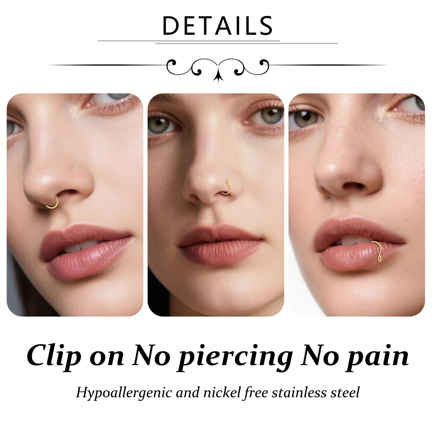 D.Bella Fake Nose Rings Hoop 20 Gauge Non Piercing Stainless Steel Clip-on Fake Faux Septum Clicker Nose Hoop Ring Piercings Jewelry for Women Men
