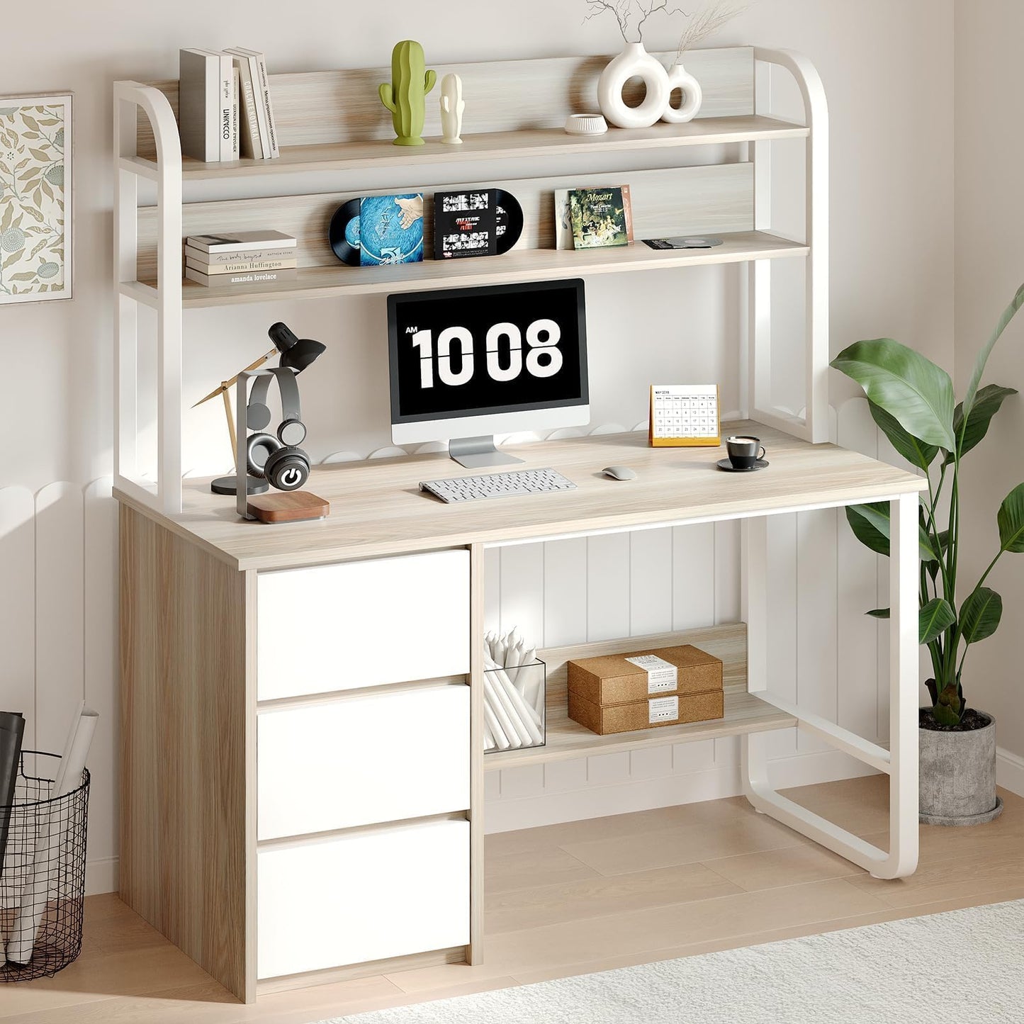 MaverickFurni Computer Desk with Hutch, 47 Inch Small Desk with 3 Drawers for Bedroom, Study Writing Desk with Shelves for Small Spaces, Adjustable Feet, White and Walnut