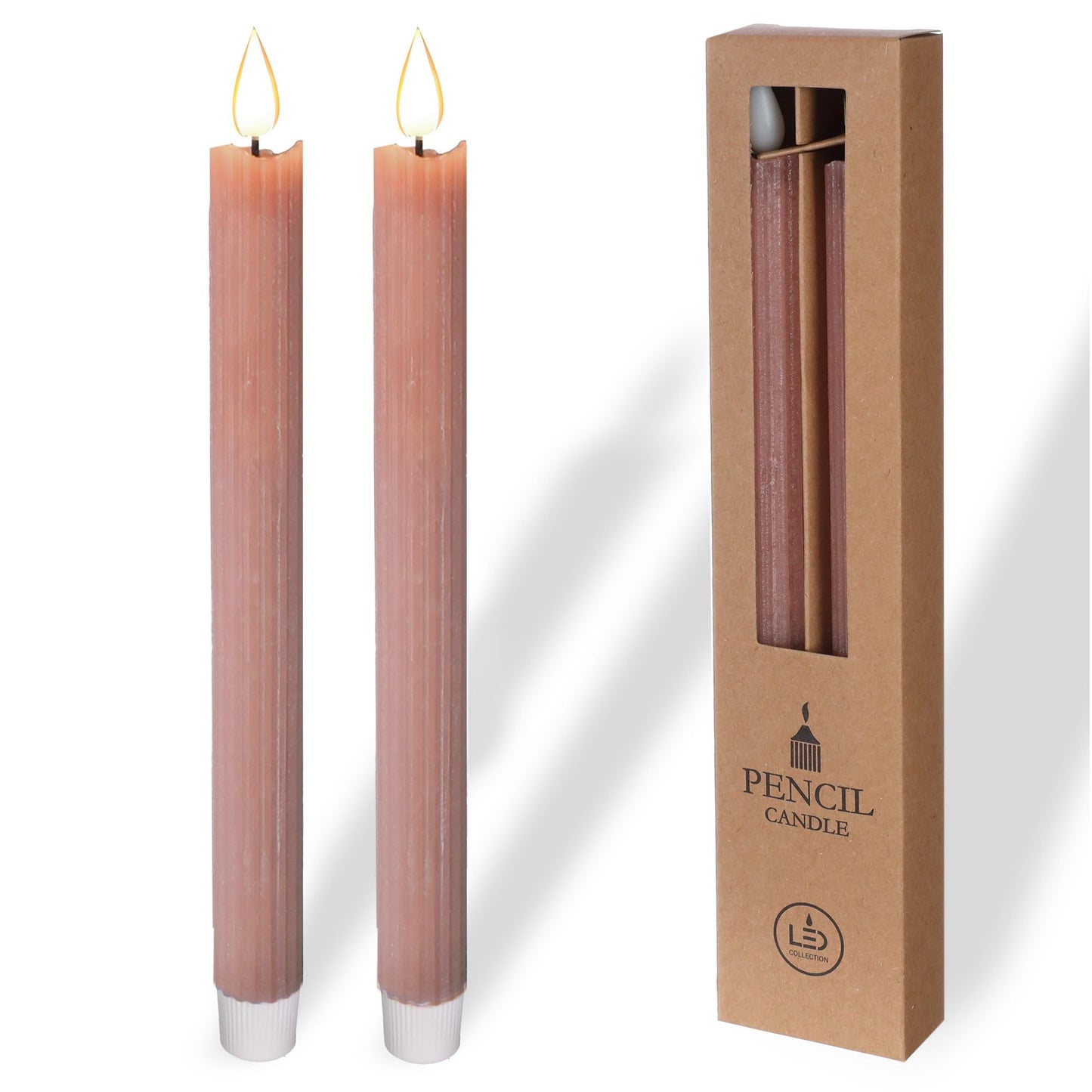 comforder Flameless Taper Candles – Flickering LED Flame with 6H Timer – Real Wax, Ribbed Design – Battery Operated Set of 2 – 10" Tall (Mauve)"