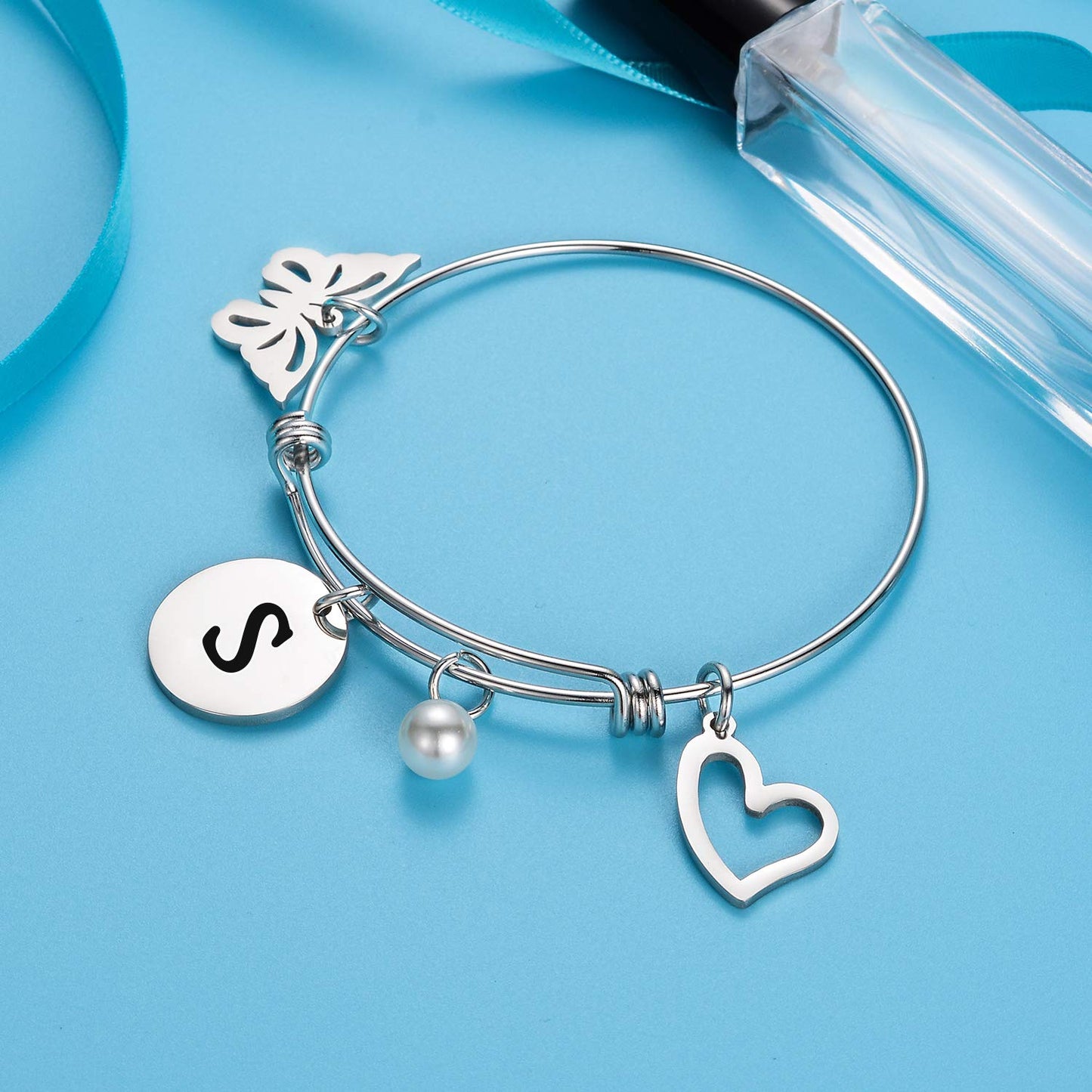 malyunin Initial Bracelet Charm Bracelets Heart Butterfly 26 Letters Alphabet Bracelet for Women Letter Bracelet Personalized Jewelry (S)