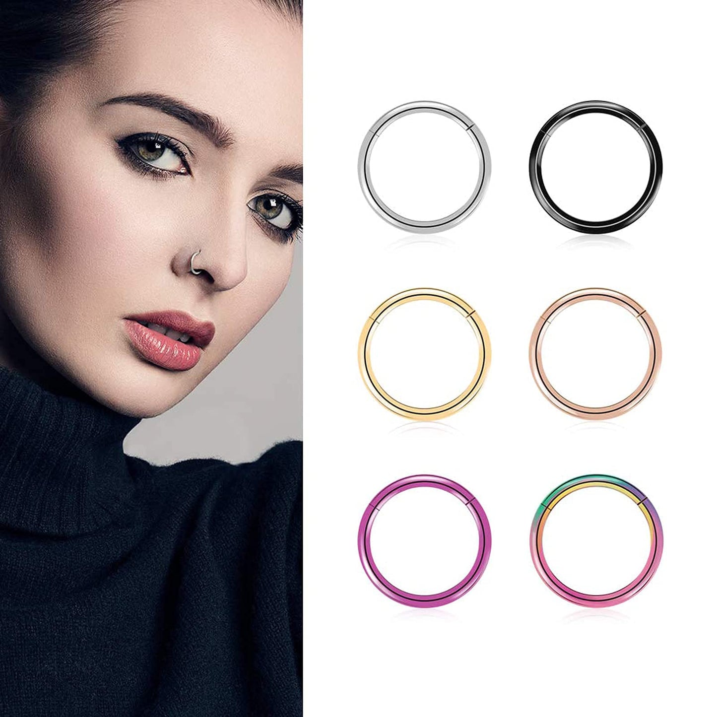BOGKU 6pcs G23 Titanium Hinged Nose Rings Hoop 20 Gauge 6mm Nose Septum Clicker Segment Rings Cartilage Conch Tragus Helix Rook Hoop Earring Body Piercing Jewelry