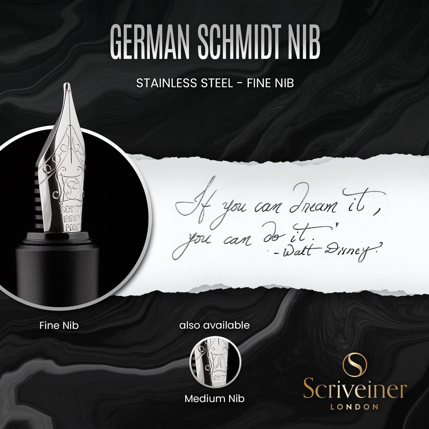 Scriveiner Luxury EDC Fountain Pen (Fine), Stunning Matt Black Pocket Pen, Chrome Finish, Schmidt German Nib, Converter, Best Writing Pen Gift Set for Men & Women, Nice Fancy Office Designer Pen