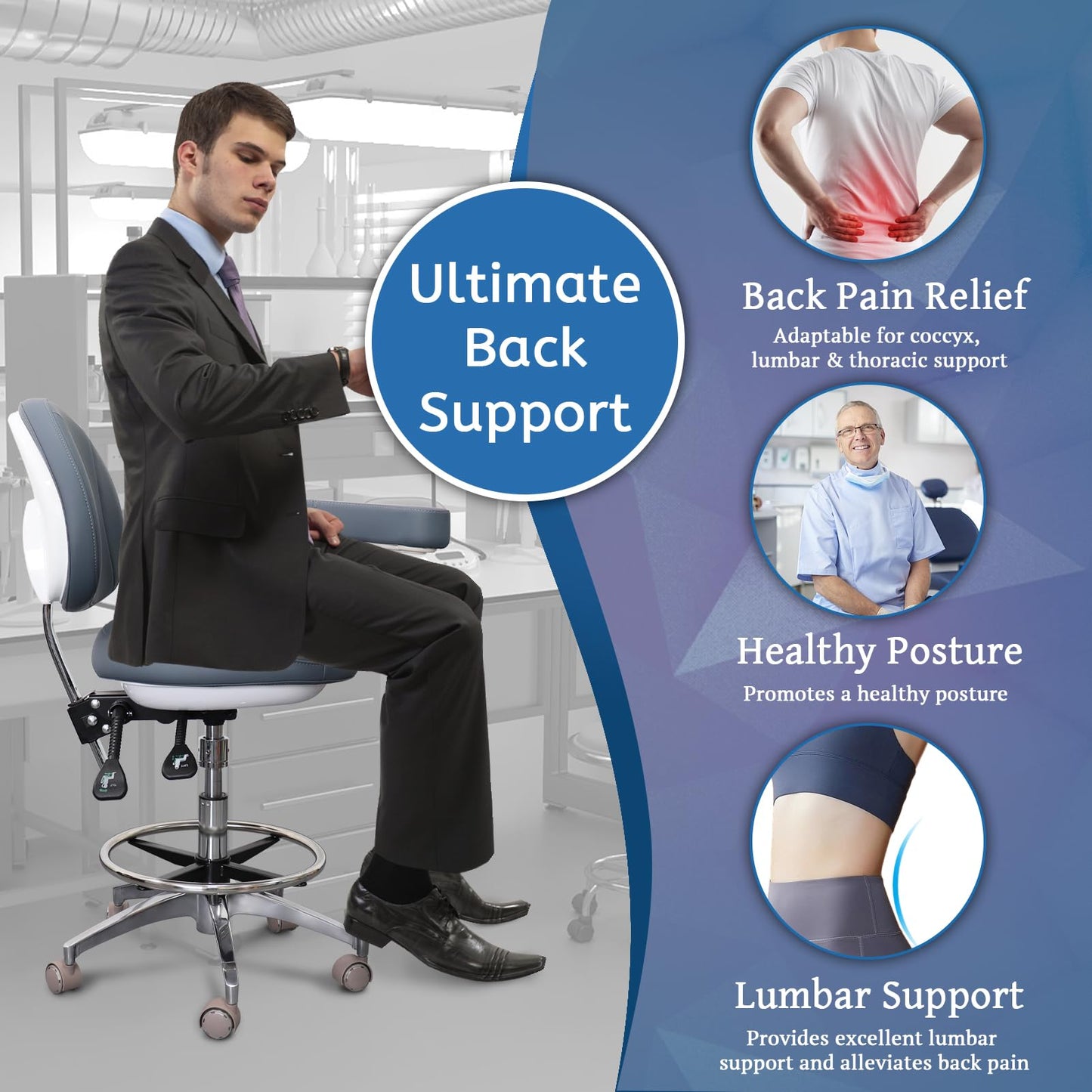 Medical Dental Assistant Chair with Rotatable Armrest Rolling Medical Chair Ergonomic Swivel Seating Back Support Dentist Stool for Clinics, Dental Offices, Labs-Gray