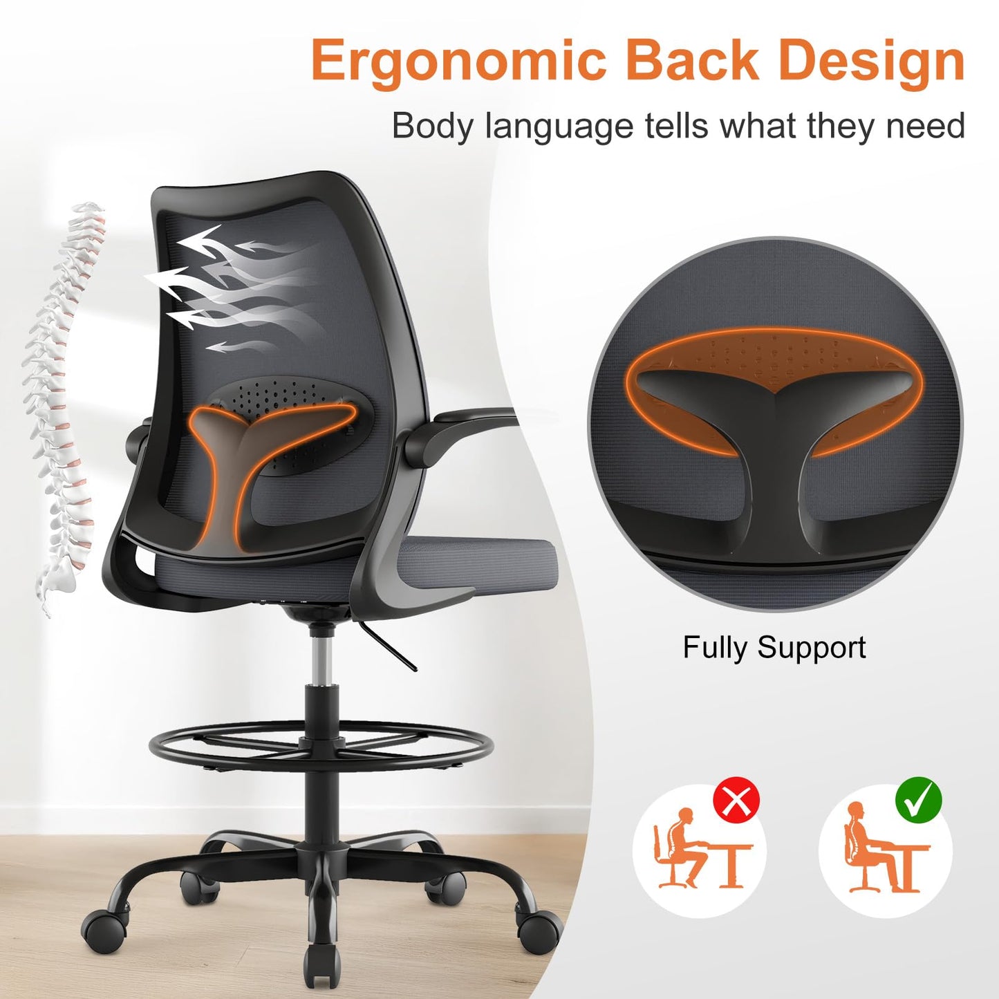BERYTH Tall Office Chair for Standing Desks,High Desk Drafting Chair with Adjustable Footrest Ring,Ergonomic Lumbar Support,Flip-Up Armrests for Home Office,Grey
