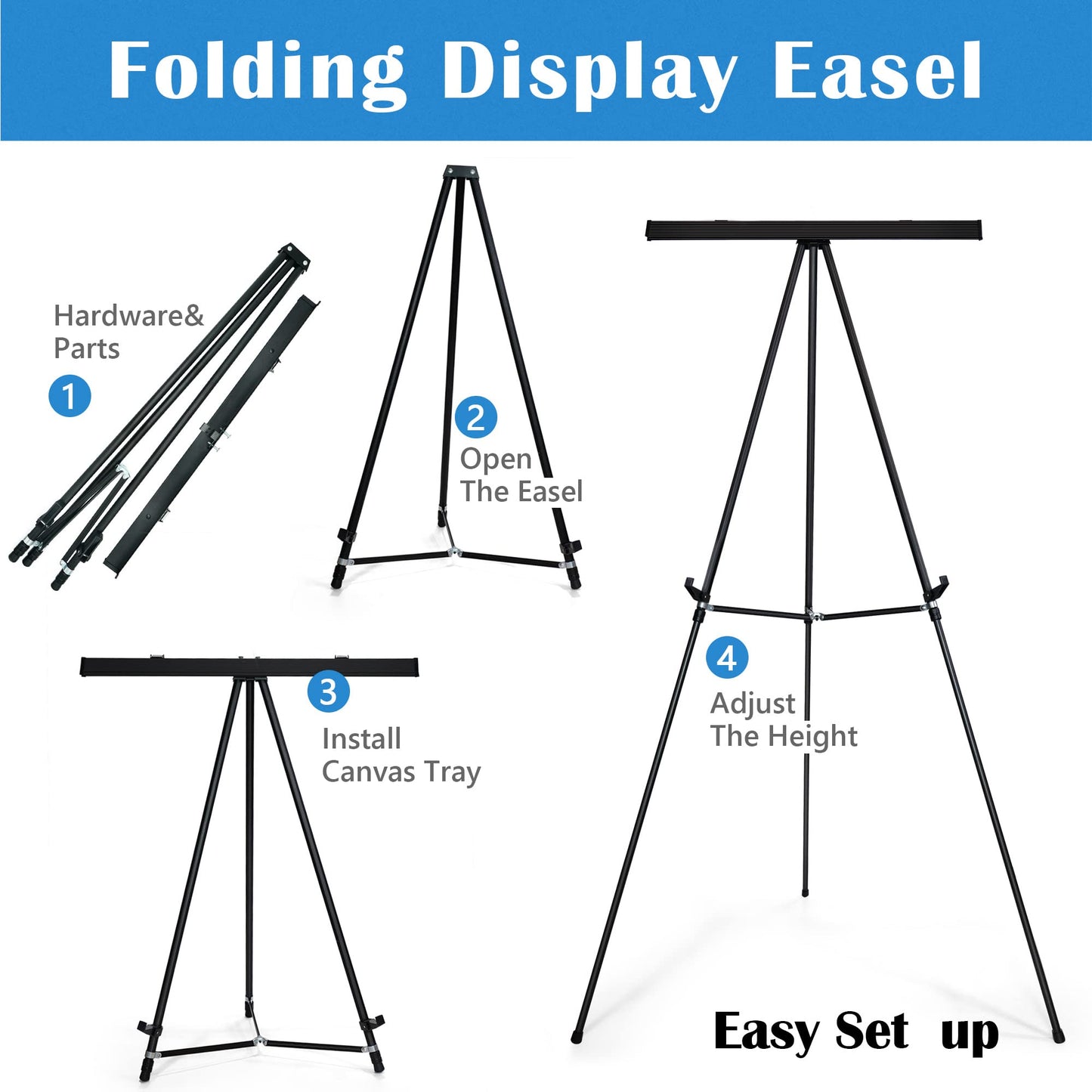 Falling in Art Aluminum Flip Chart Display Easel Stand with Adjustable Floor for Boardroom, Whiteboard, Paper Pads, Signage, 63 1/2'' High, Black