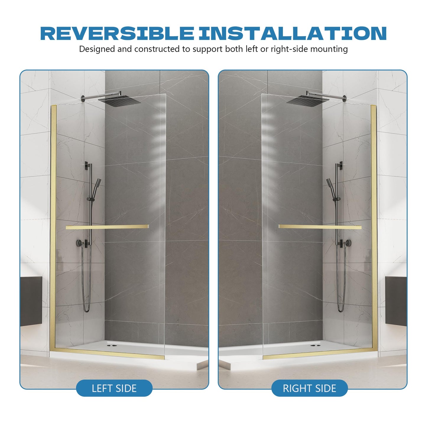 AquivaCoast 34" X 72" Semi-Framed Fixed Shower Screen with Handle, 5/16"(8mm) Thick Clear Tempered Glass Shower Panel, Shower Screen for Walk in Shower with Frame Hardware Kit, Brushed Gold