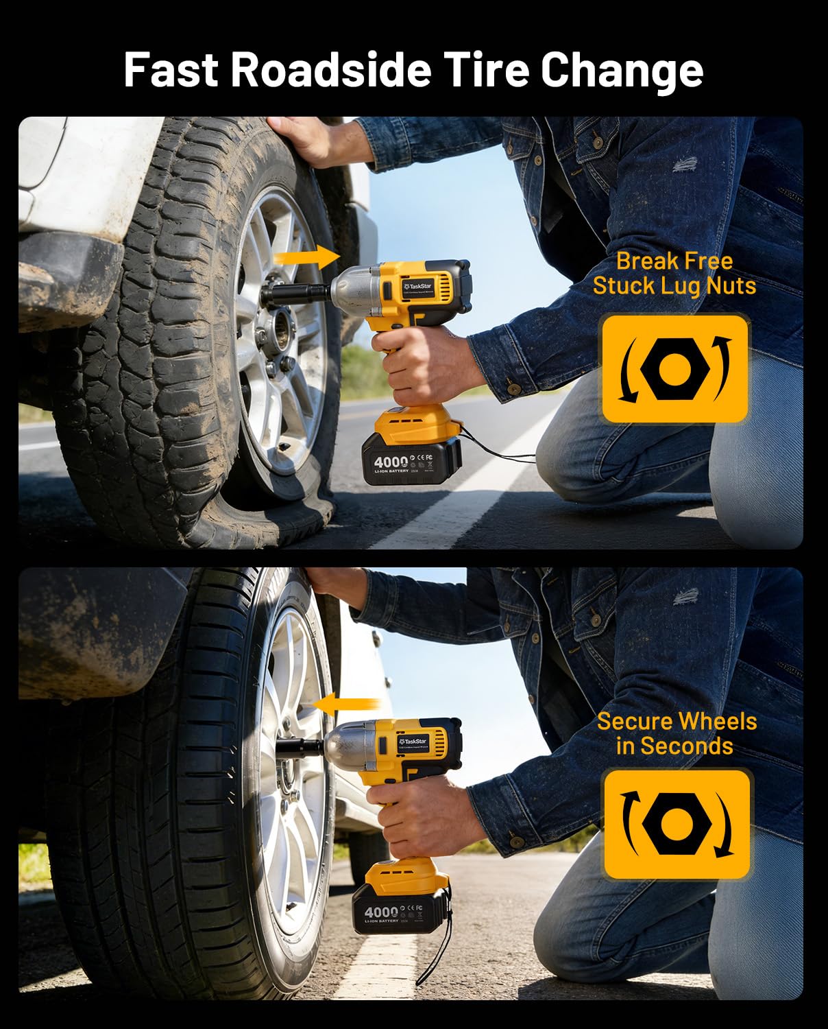 Cordless Impact Wrench 1/2 Inch, 1200N·m(886ft・lbs) Brushless High Torque Impact Gun, 21V Electric Impact Driver, 2x4.0Ah Batteries, Charger & 6 Sockets, Variable Speeds for Car/Truck RV/Mower