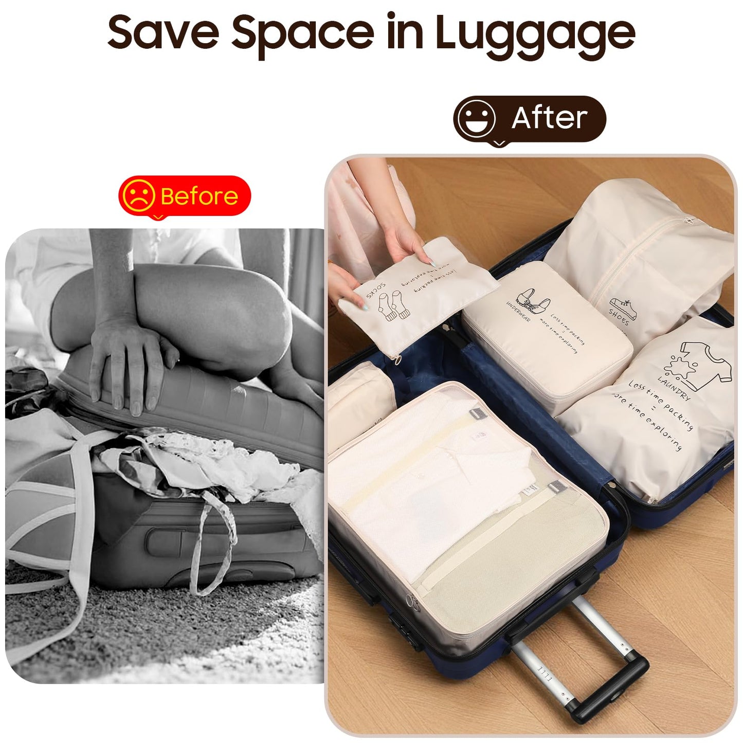 SKYREH 8 Set Travel Packing Organizers- Luggage Organizer for Suitcase Organization with Hanging Toiletry, Shoe & Laundry Bags, Packing Cubes for Travel Essentials, Cute Gifts for Women, Beige