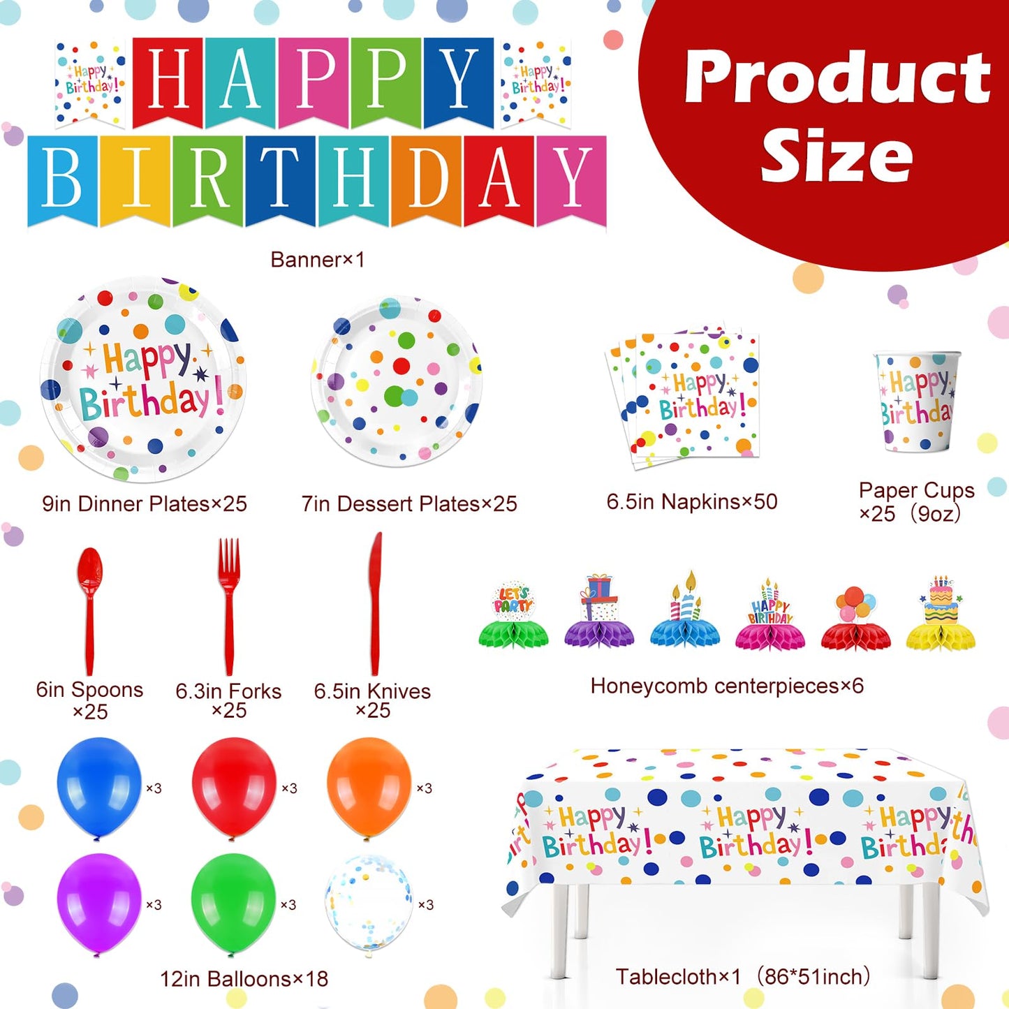 Happy Birthday Decorations – 226pcs Colorful Polka Dots Birthday Party Supplies Set with Plates, Napkins, Cups, Tablecloth, Banner, Balloons & Honeycomb Centerpieces, Serves 25