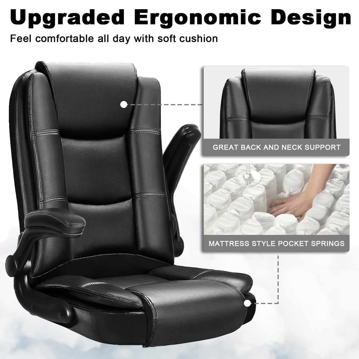 OFIKA Big and Tall Office Chair Computer Desk Chair - Ergonomic High Back Lumbar Support Home Office Chair with Padded Flip-up Arms, Adjustable Height Leather Office Executive Chair (Black)