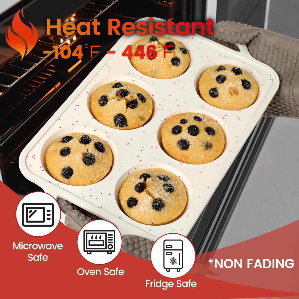 Large Muffin Pan, Metal Reinforced Frame 3.5 Inch Jumbo Silicone Muffin Pan Nonstick 6 Cups for Baking Jumbo Muffin, Frittatas, Jumbo Cupcakes 2 Pack Confetti