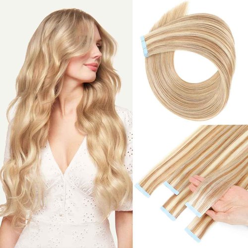 Tape in Hair Extensions Human Hair 100% Remy Hair 20pcs 50g/Pack Straight Seamless Invisible Skin Weft Extensions Easy to Apply and Style (Honey Blonde to Bleach Blonde,26 Inch)