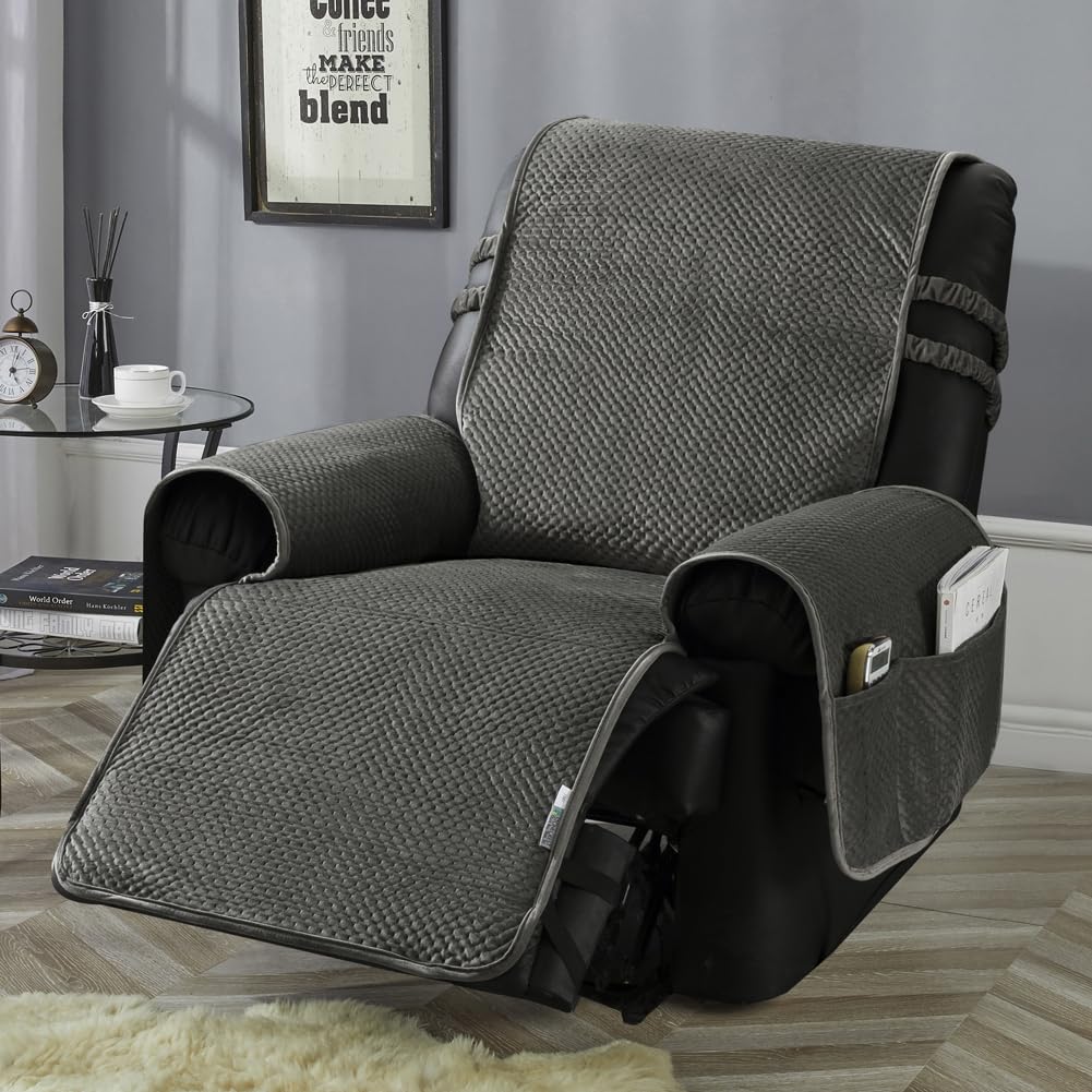 STONECREST Recliner Chair Cover, Water Resistant Velvet Quilted Slipcover, Stay in Place (Dark Grey/Grey, Recliner 34" Regular Oversized & DeepSeat)