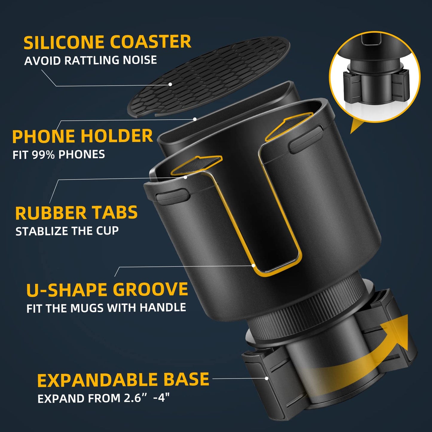 TYKOR Car Cup Holder Expander, Cup Holder Extender Adapter for Car with Adjustable Base, Fits YETI 24/36/46oz, HydroFlask 32/40oz, Large Water Bottles in 2.7"-4.2" (16-46 OZ)
